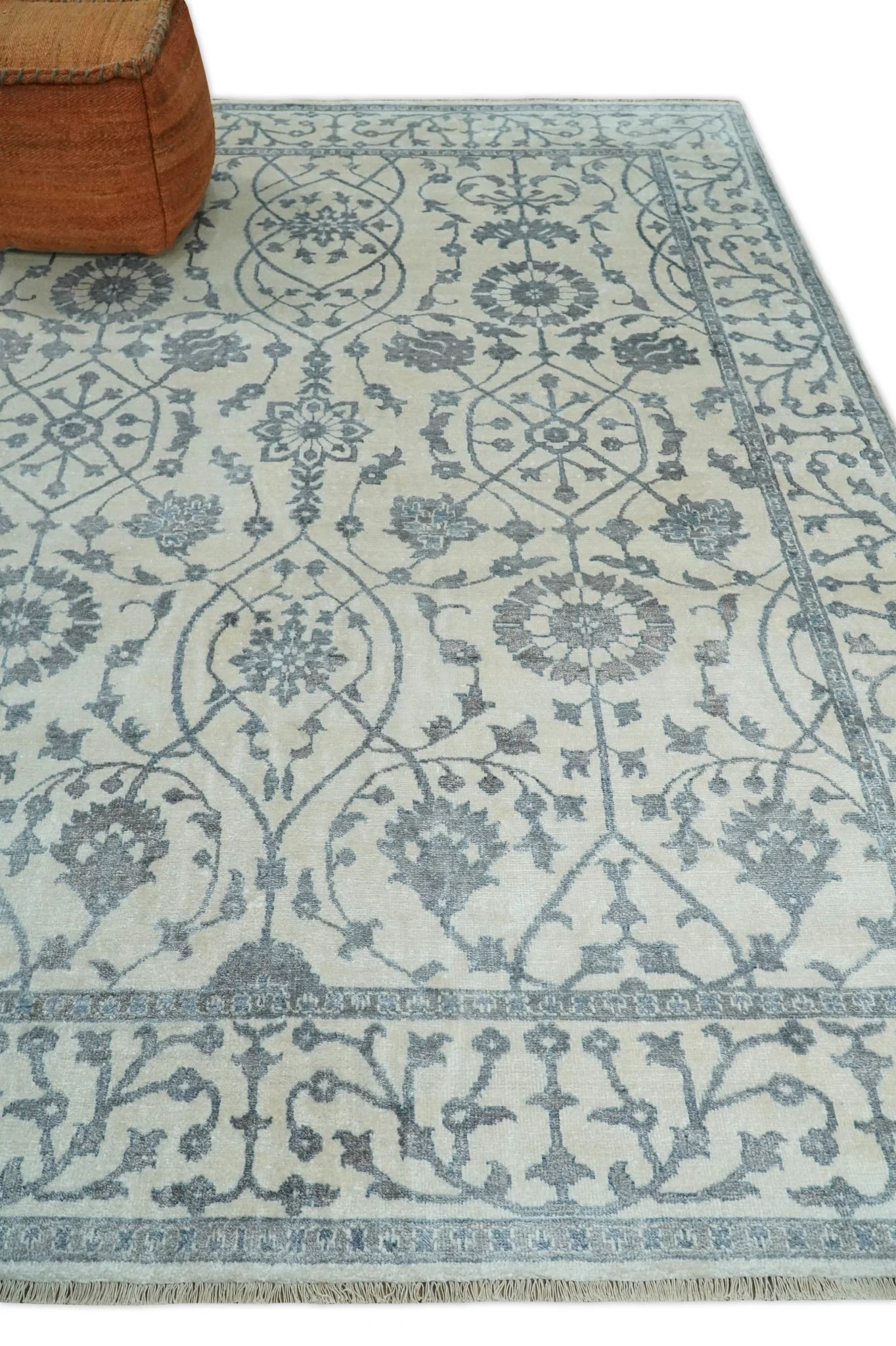 8x10 Fine Hand Knotted Blue, Gray and Brown Traditional Turkish Style Antique Bamboo Silk Rug | TRDCP503810 - Image 3