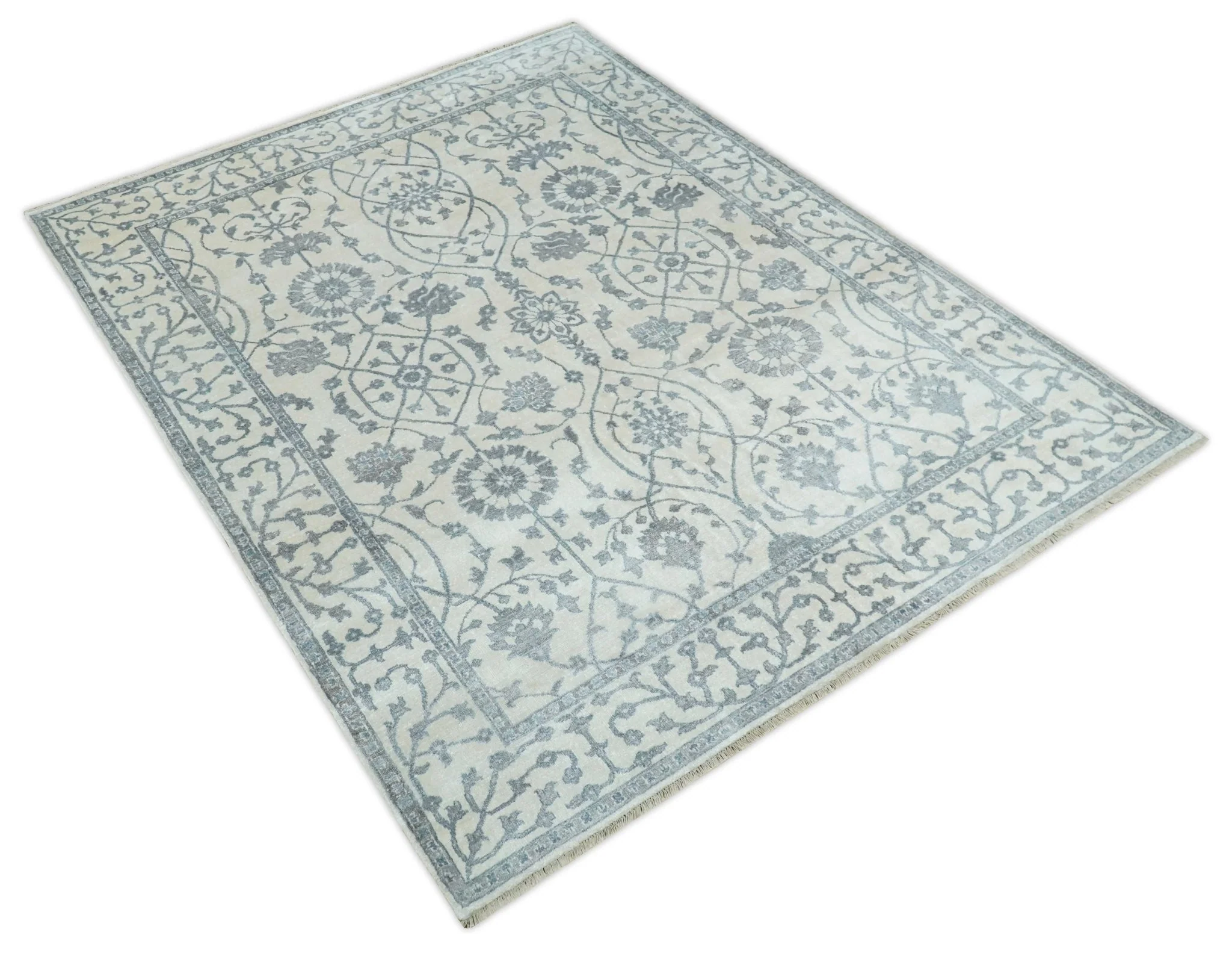 8x10 Fine Hand Knotted Blue, Gray and Brown Traditional Turkish Style Antique Bamboo Silk Rug | TRDCP503810 - Image 4