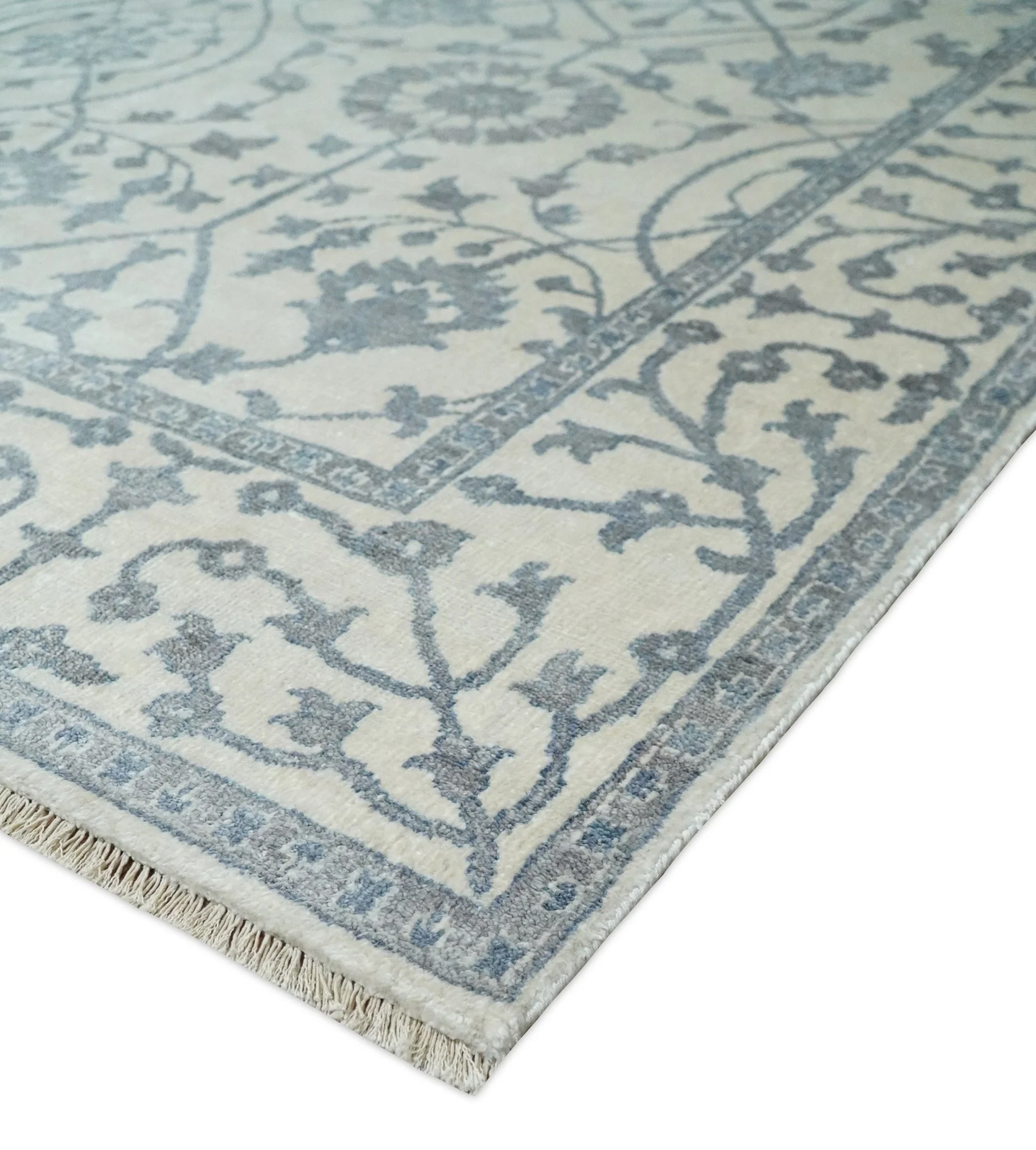 8x10 Fine Hand Knotted Blue, Gray and Brown Traditional Turkish Style Antique Bamboo Silk Rug | TRDCP503810 - Image 8