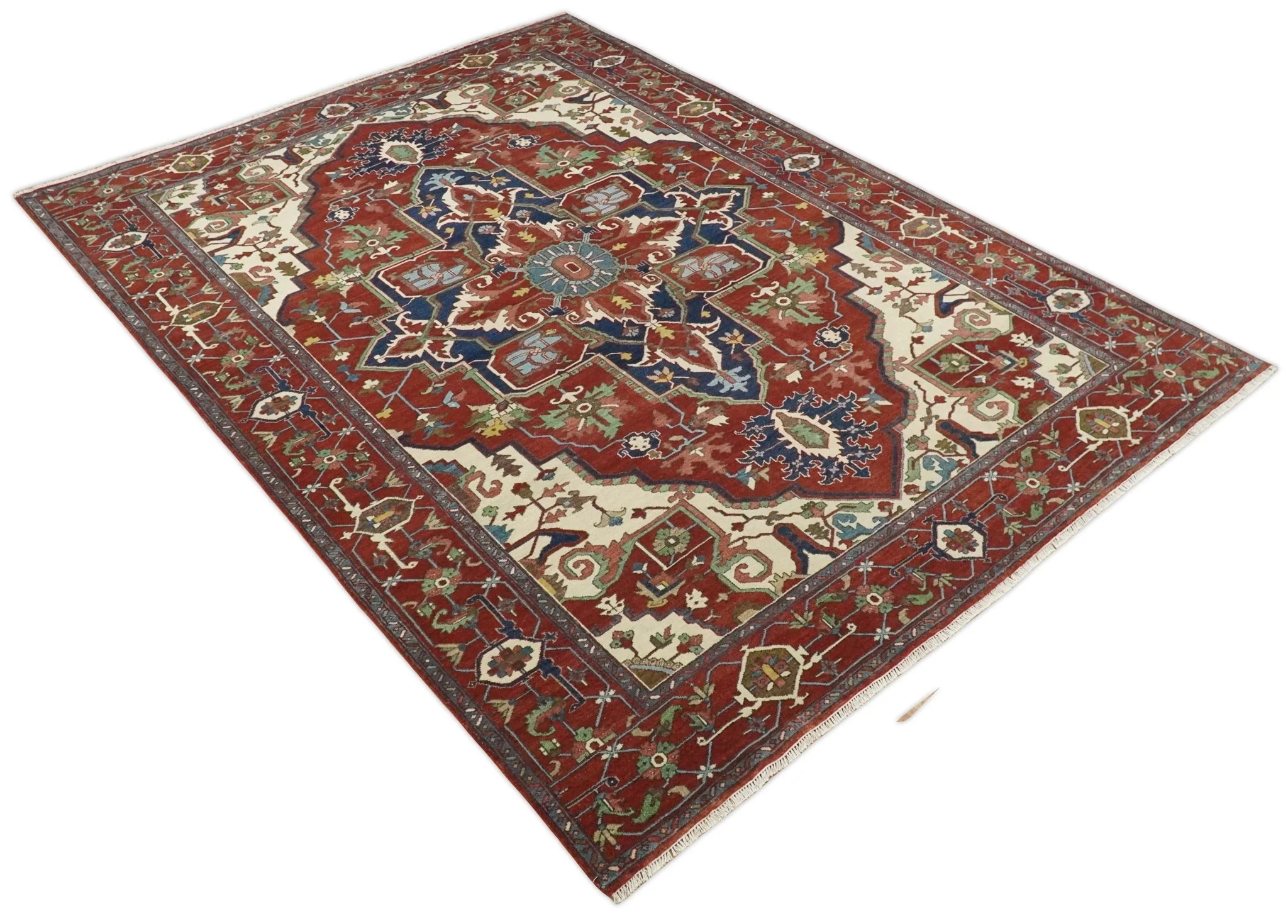 8x10 and 9x12 Fine Hand Knotted Blue, Ivory and Rust Traditional Vintage Heriz Serapi Antique Wool Rug | TRDCP470 - Image 12