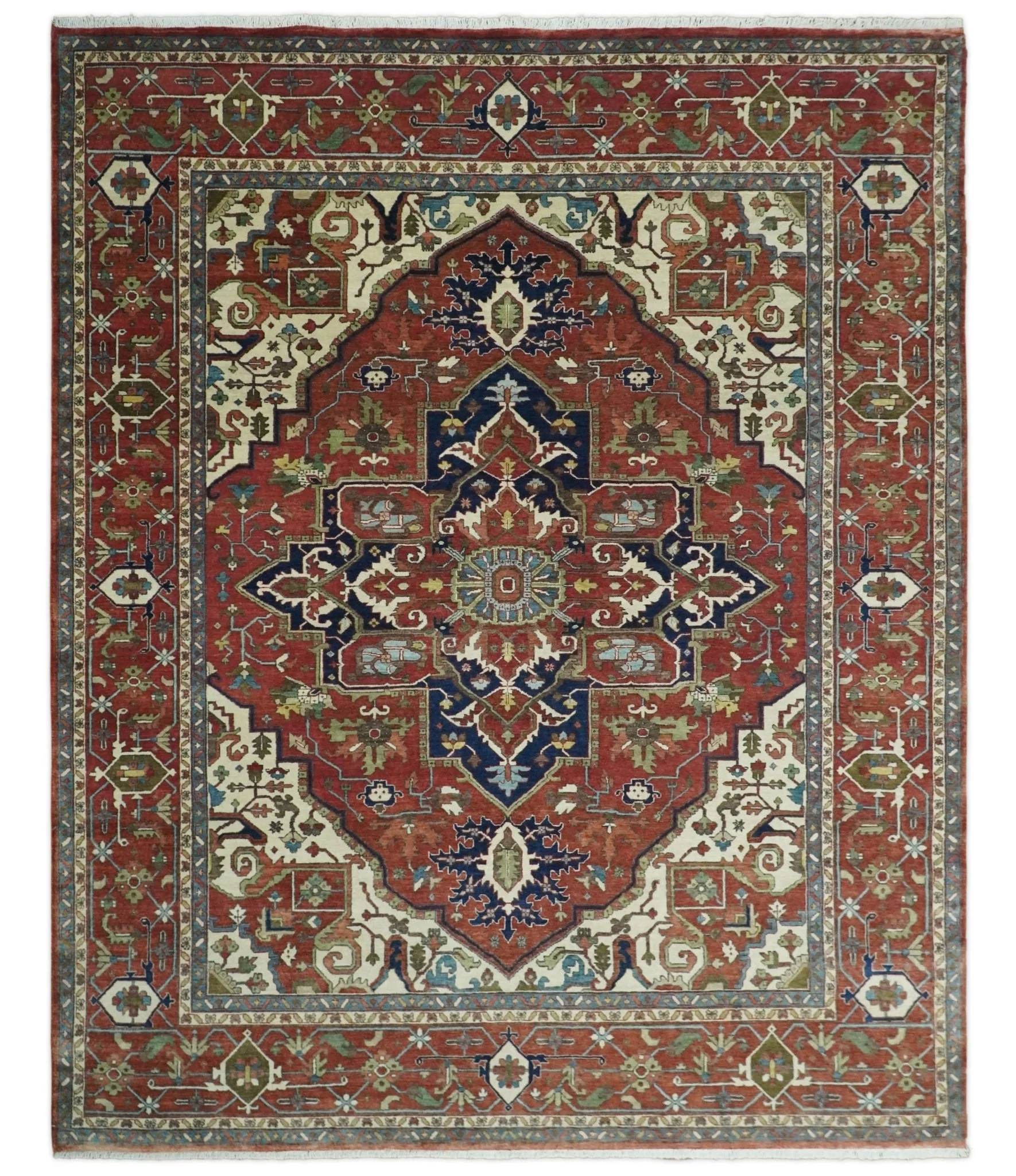 8x10 and 9x12 Fine Hand Knotted Blue, Ivory and Rust Traditional Vintage Heriz Serapi Antique Wool Rug | TRDCP470 - Image 13