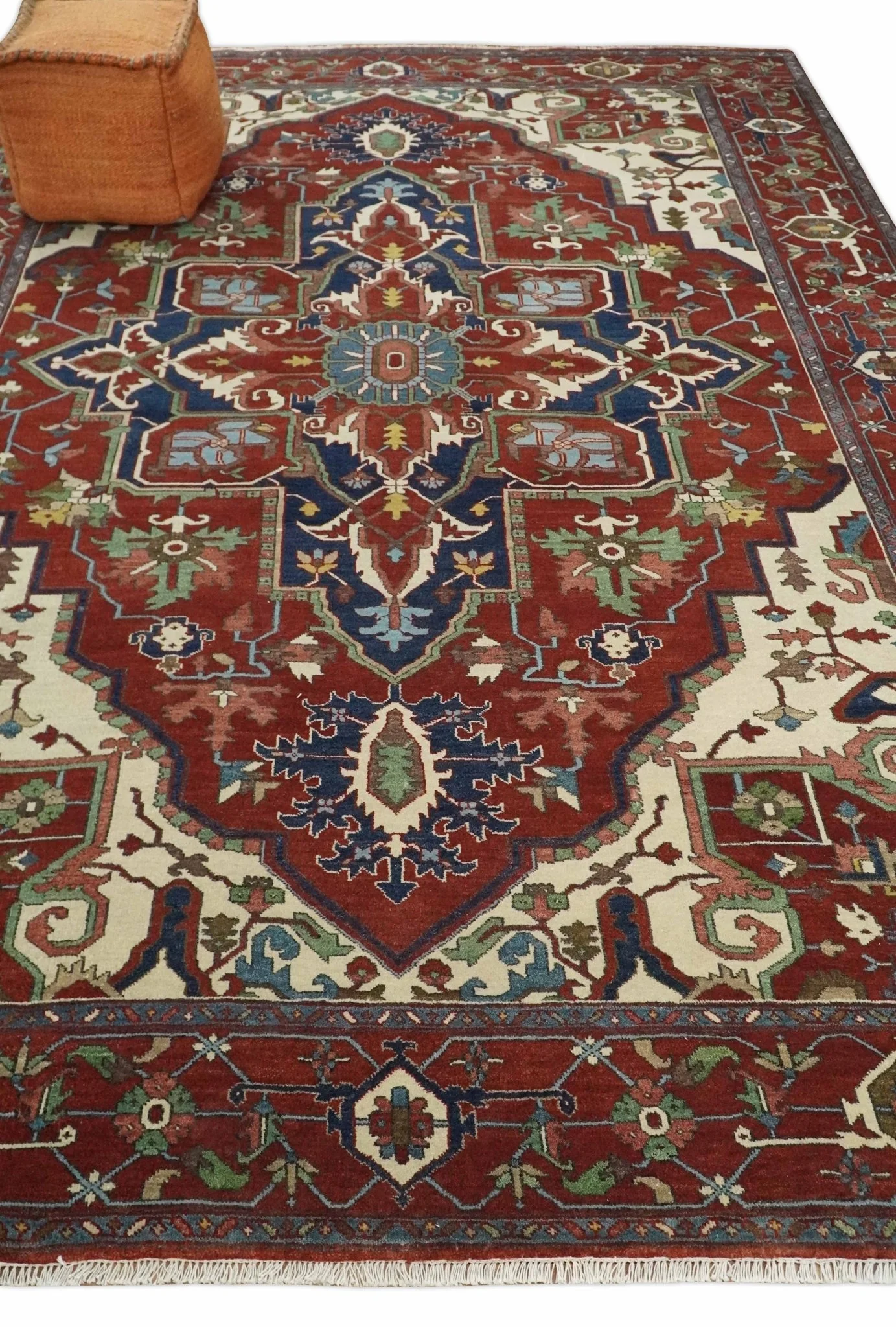 8x10 and 9x12 Fine Hand Knotted Blue, Ivory and Rust Traditional Vintage Heriz Serapi Antique Wool Rug | TRDCP470 - Image 6