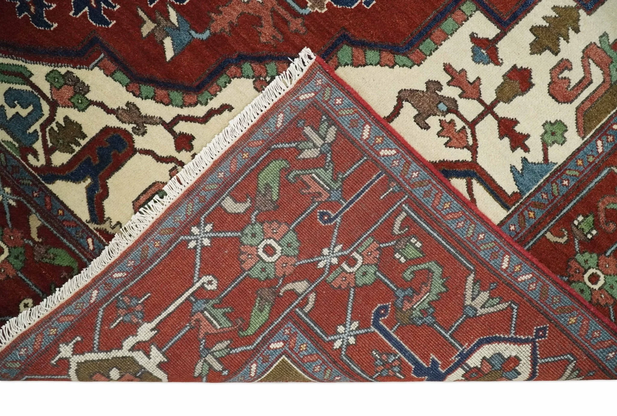 8x10 and 9x12 Fine Hand Knotted Blue, Ivory and Rust Traditional Vintage Heriz Serapi Antique Wool Rug | TRDCP470 - Image 7