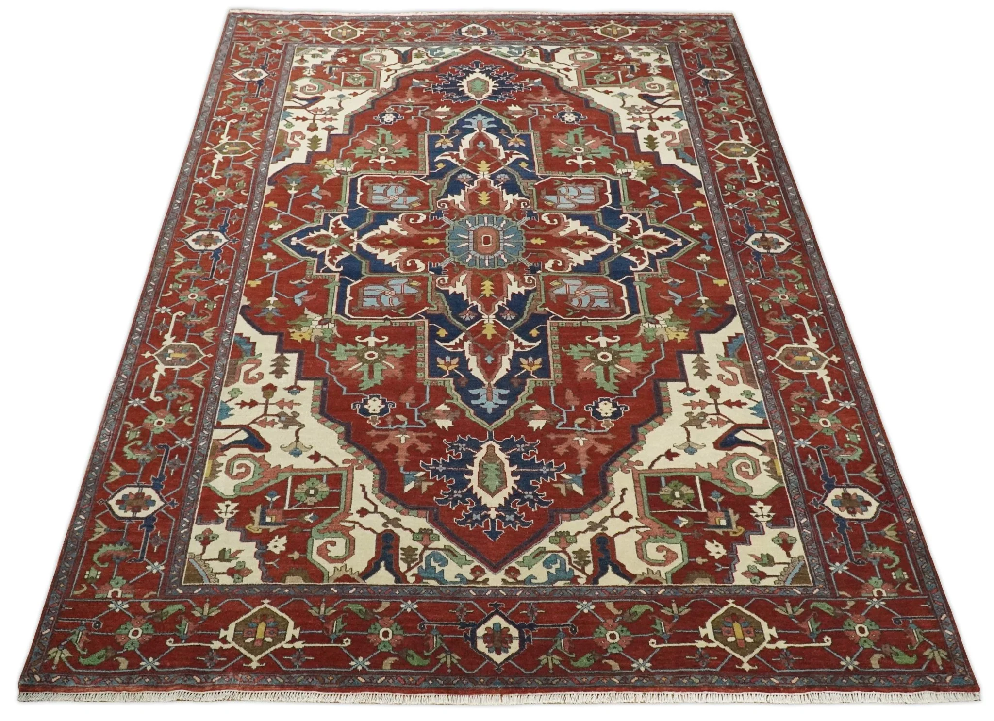 8x10 and 9x12 Fine Hand Knotted Blue, Ivory and Rust Traditional Vintage Heriz Serapi Antique Wool Rug | TRDCP470 - Image 9