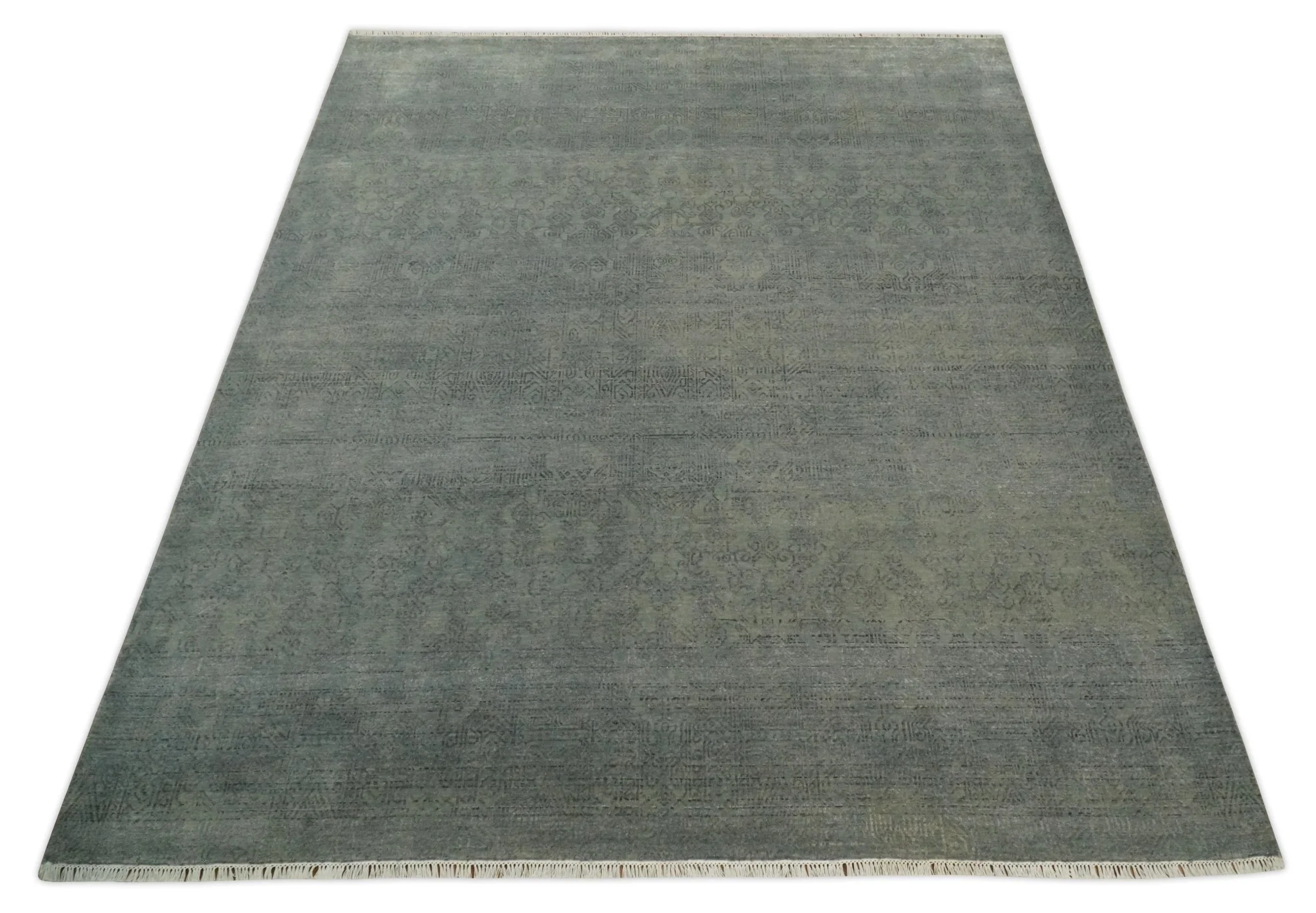 8x10 Fine Hand Knotted Charcoal and Silver Traditional Vintage Persian Style Antique Wool and Silk Rug | TRDCP665810 - Image 11