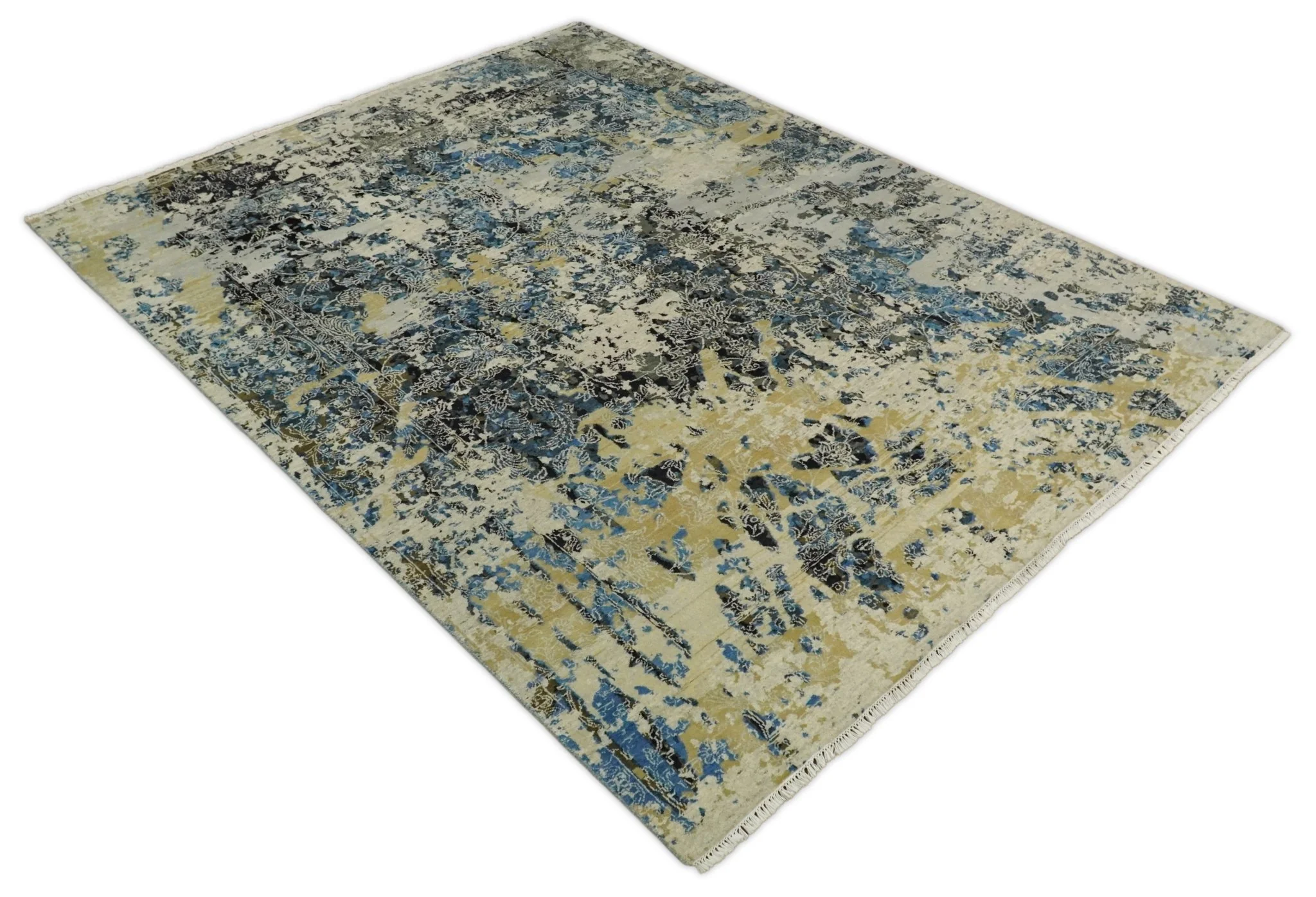8x10 Fine Hand Knotted Charcoal, Camel and Blue Traditional Vintage Persian Style Antique Wool and Silk Rug | TRDCP703810 - Image 10