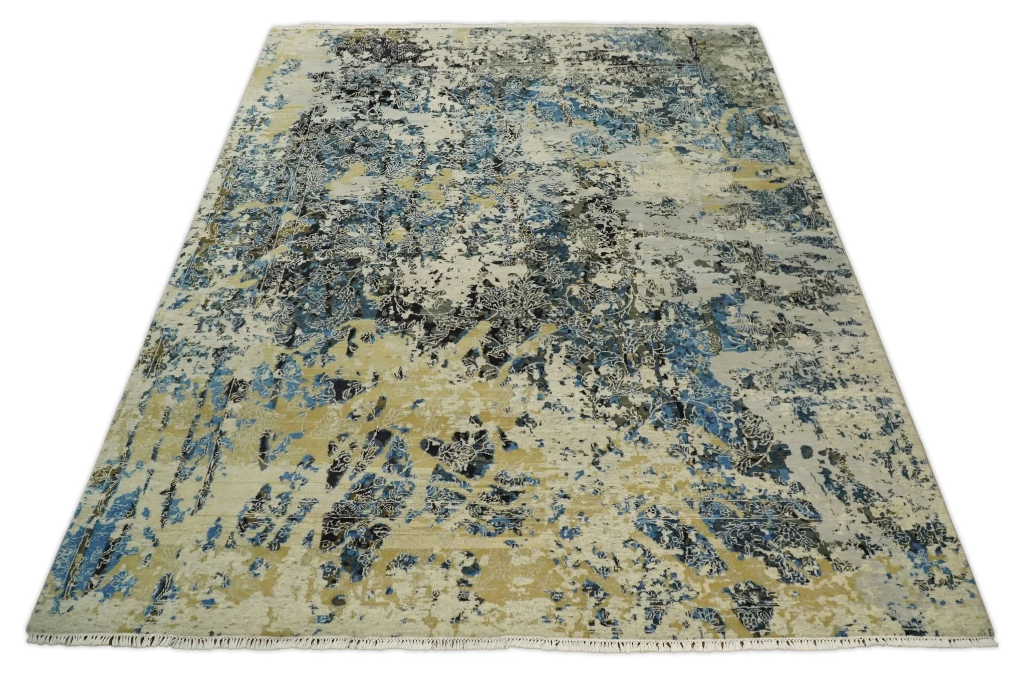 8x10 Fine Hand Knotted Charcoal, Camel and Blue Traditional Vintage Persian Style Antique Wool and Silk Rug | TRDCP703810 - Image 11
