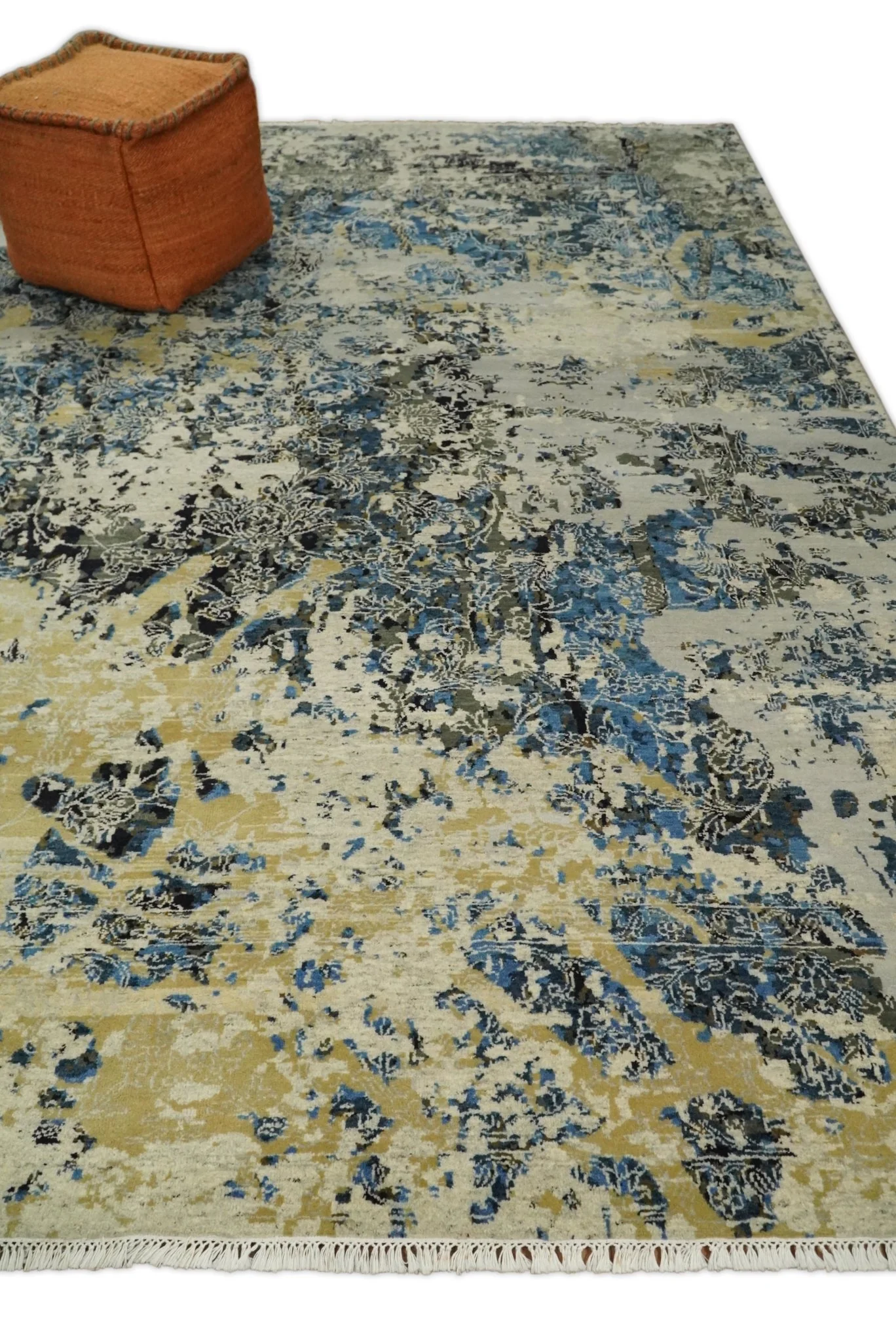 8x10 Fine Hand Knotted Charcoal, Camel and Blue Traditional Vintage Persian Style Antique Wool and Silk Rug | TRDCP703810 - Image 3