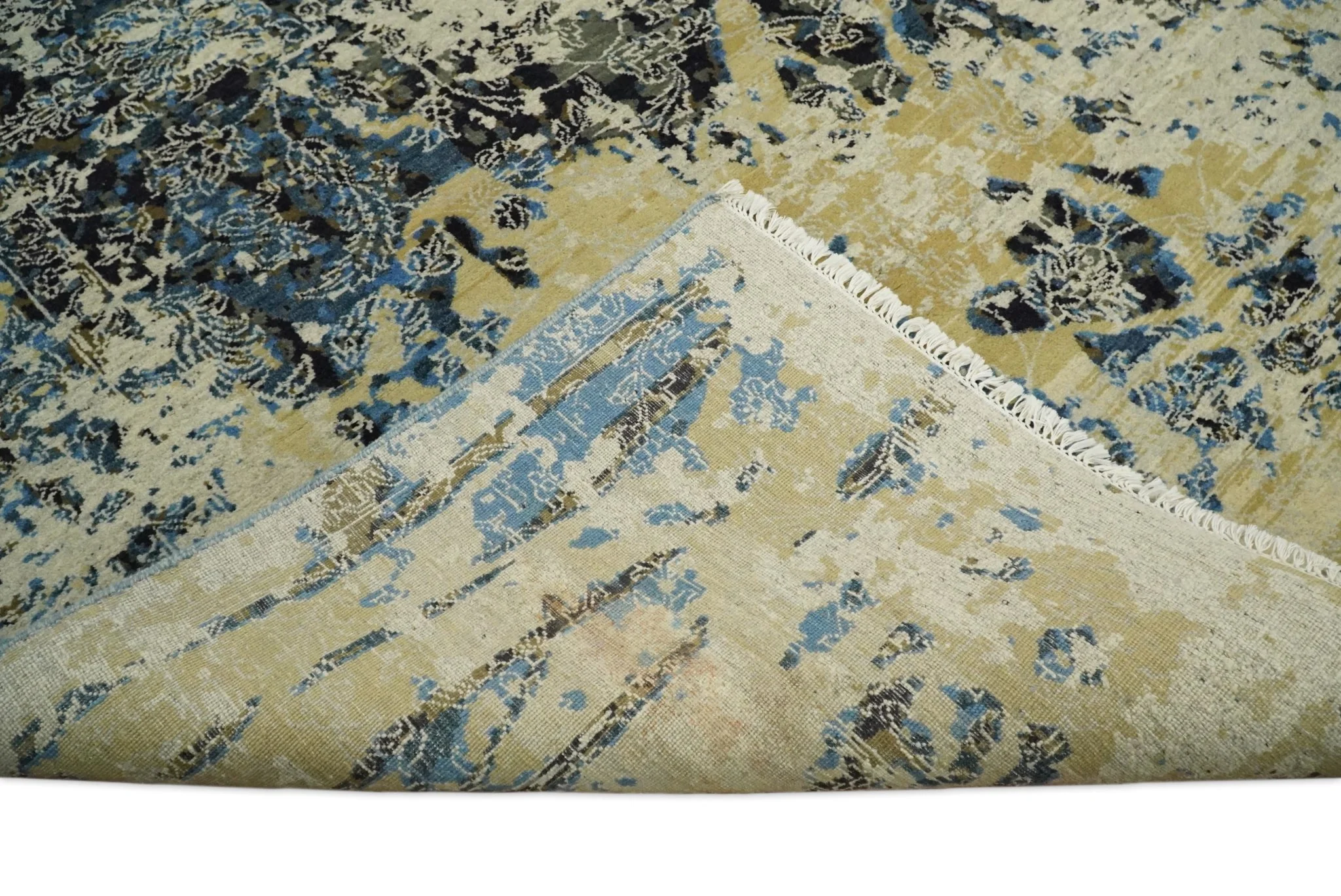 8x10 Fine Hand Knotted Charcoal, Camel and Blue Traditional Vintage Persian Style Antique Wool and Silk Rug | TRDCP703810 - Image 7