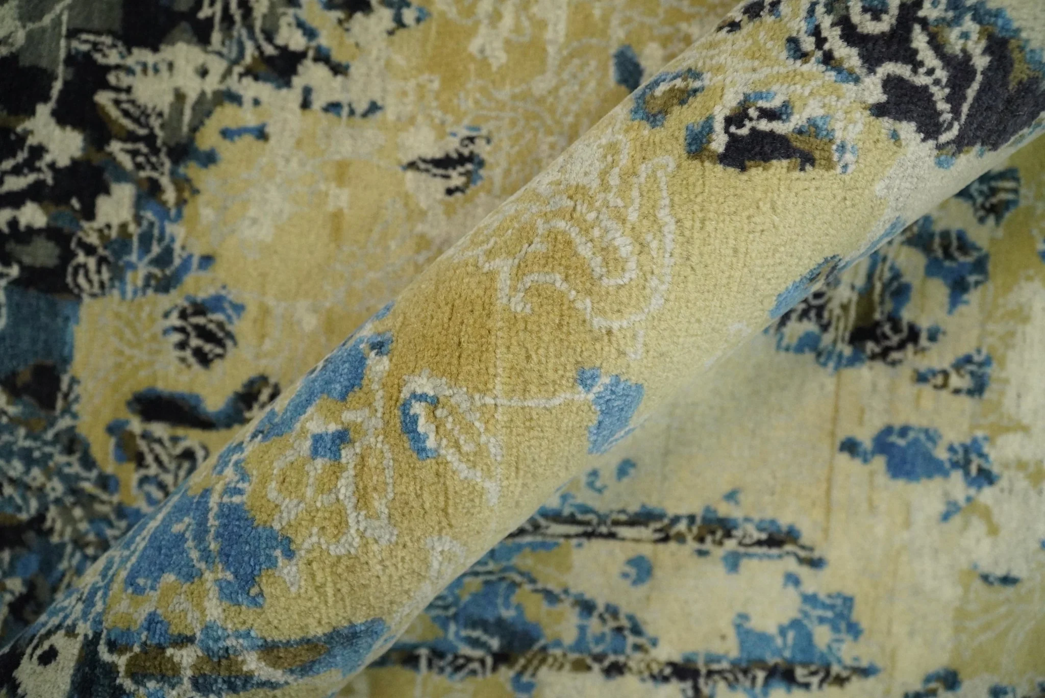 8x10 Fine Hand Knotted Charcoal, Camel and Blue Traditional Vintage Persian Style Antique Wool and Silk Rug | TRDCP703810 - Image 8