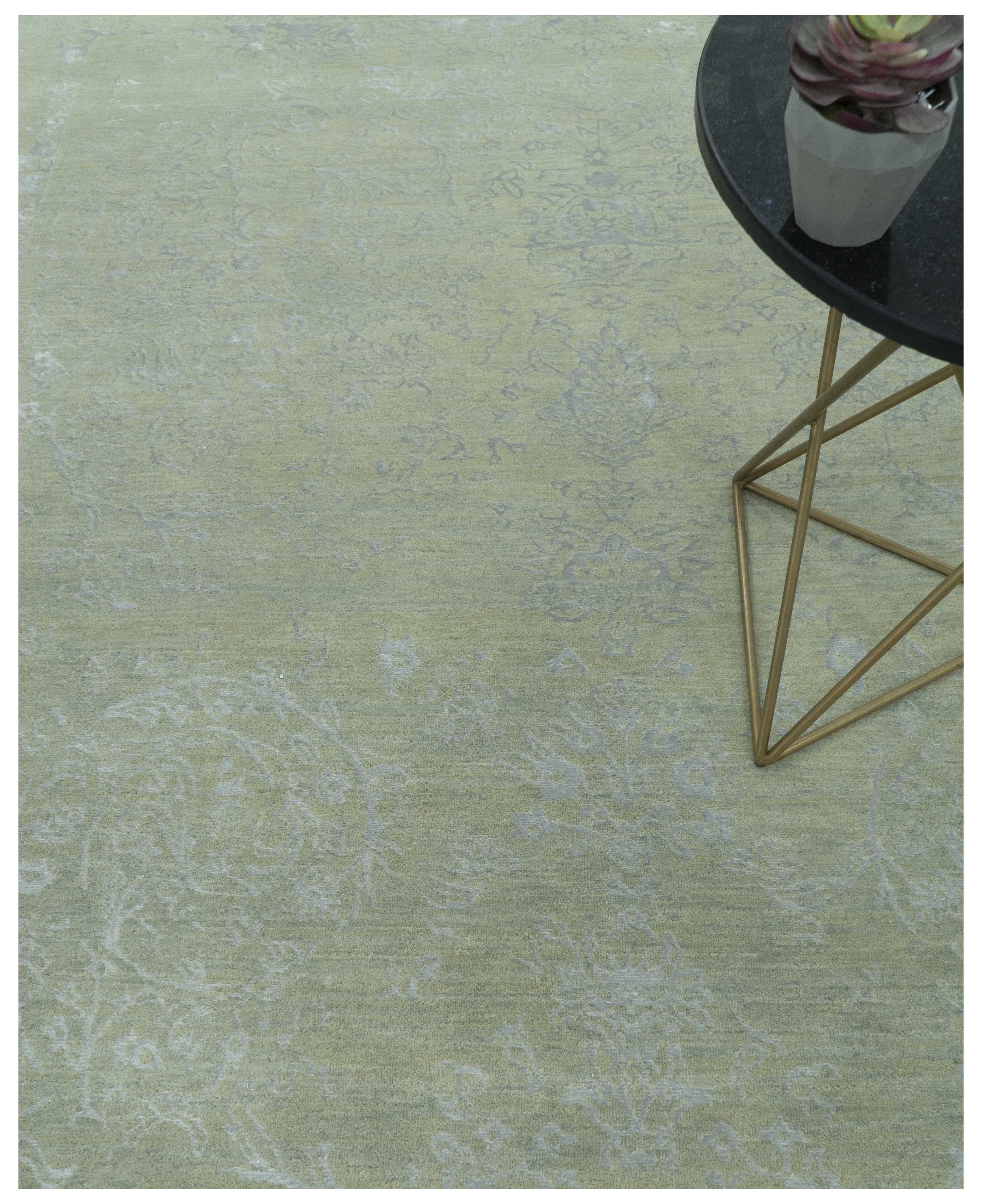 8X10 Fine Hand Knotted Green And Gray Modern abstract Design Wool and Art Silk Rug - Image 3