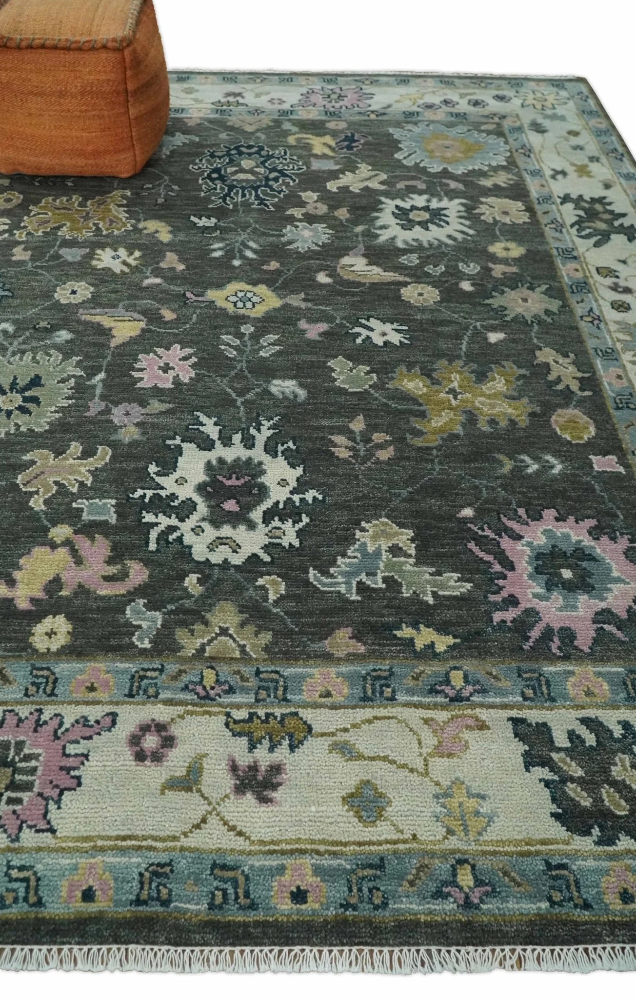 8x10 Hand Knotted Charcoal and Ivory Traditional Vintage Antique Persian Wool Rug | TRDCP891810 - Image 3