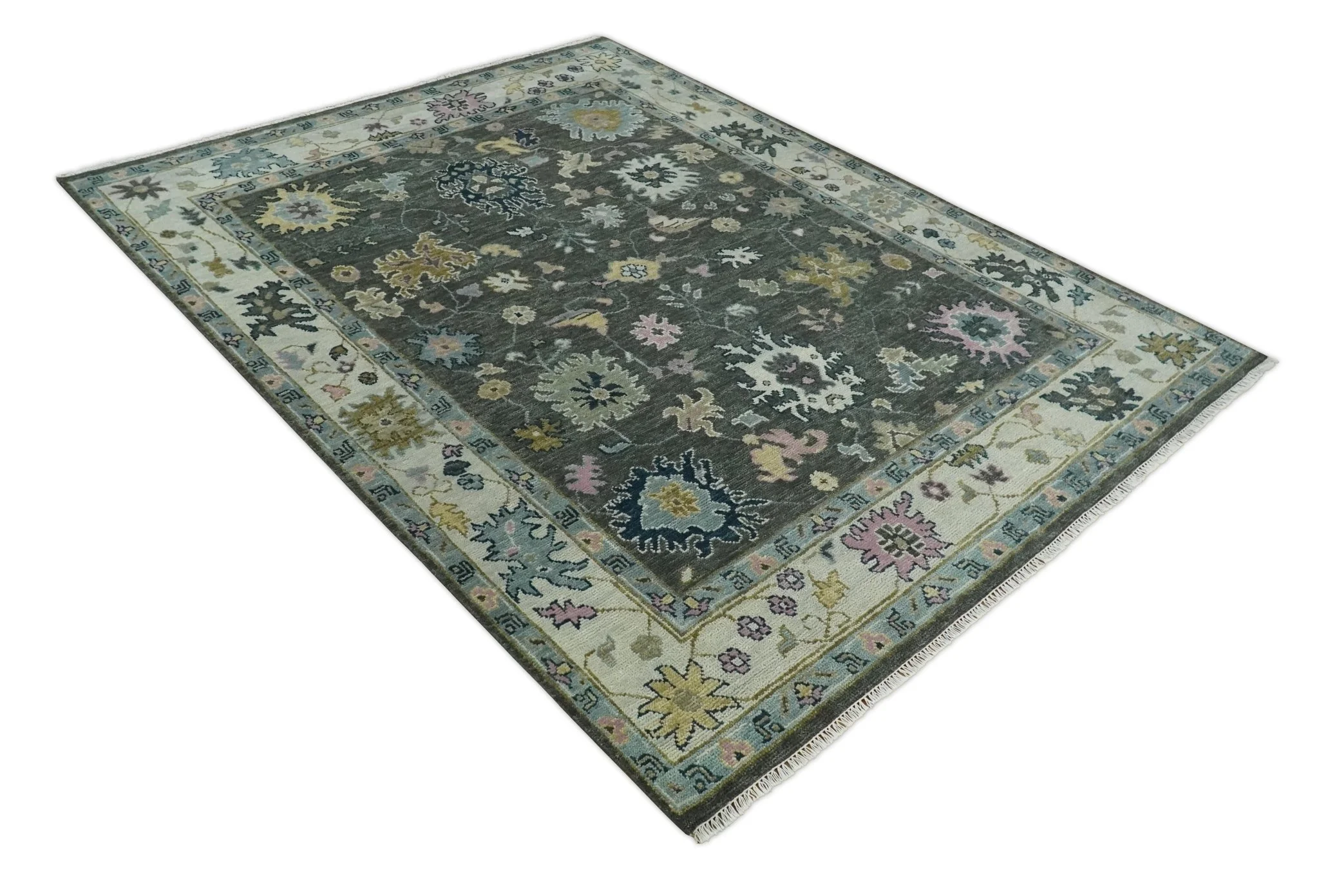 8x10 Hand Knotted Charcoal and Ivory Traditional Vintage Antique Persian Wool Rug | TRDCP891810 - Image 4