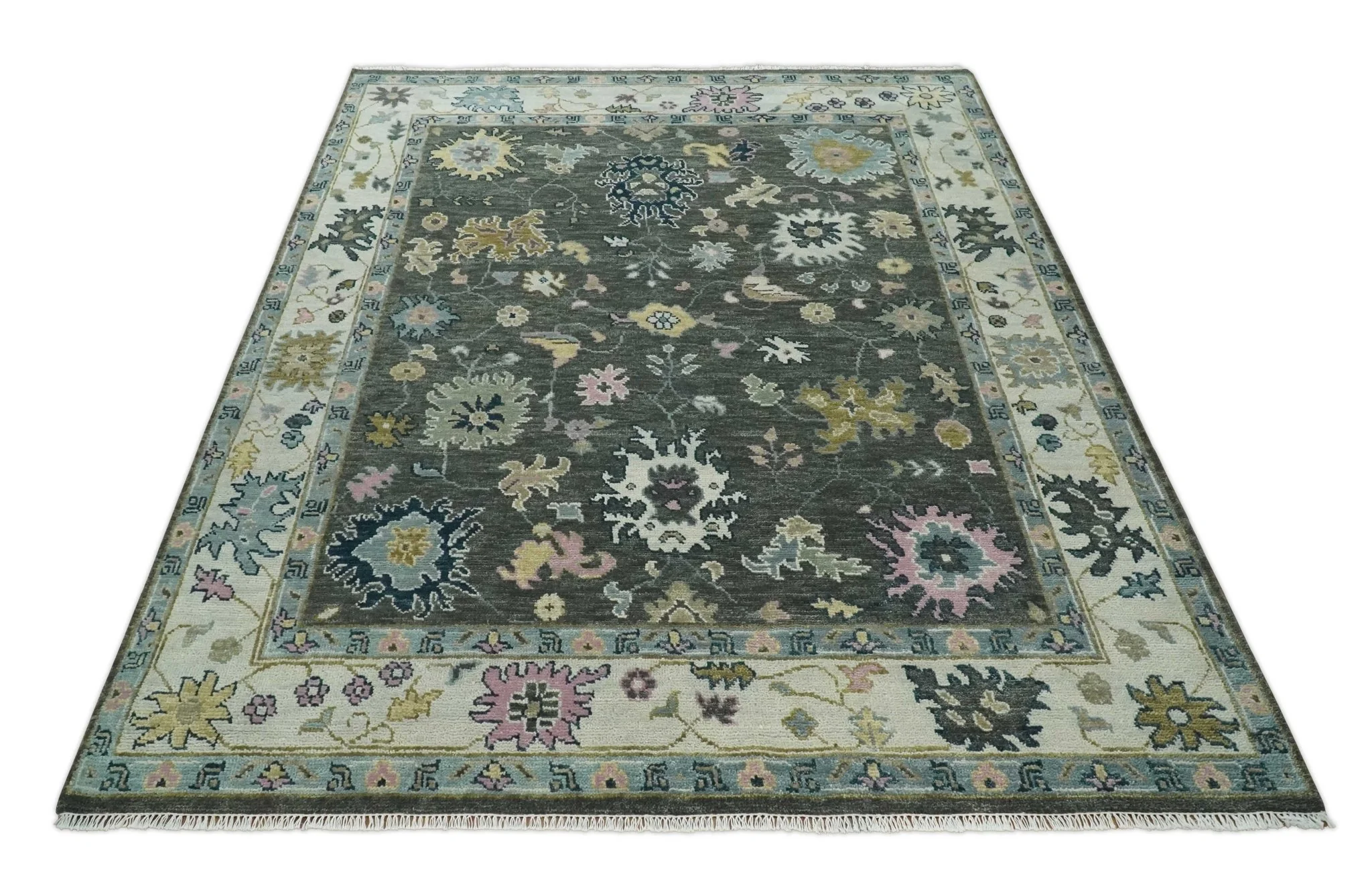 8x10 Hand Knotted Charcoal and Ivory Traditional Vintage Antique Persian Wool Rug | TRDCP891810 - Image 7
