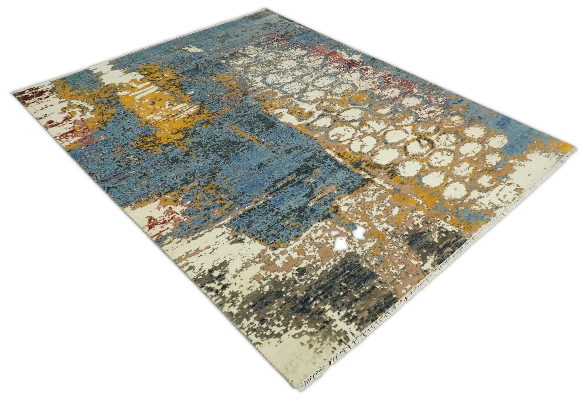 8x10 Fine Hand Knotted Ivory and Blue Modern Abstract Style Antique Wool and Silk Area Rug | TRDCP631810 - Image 10