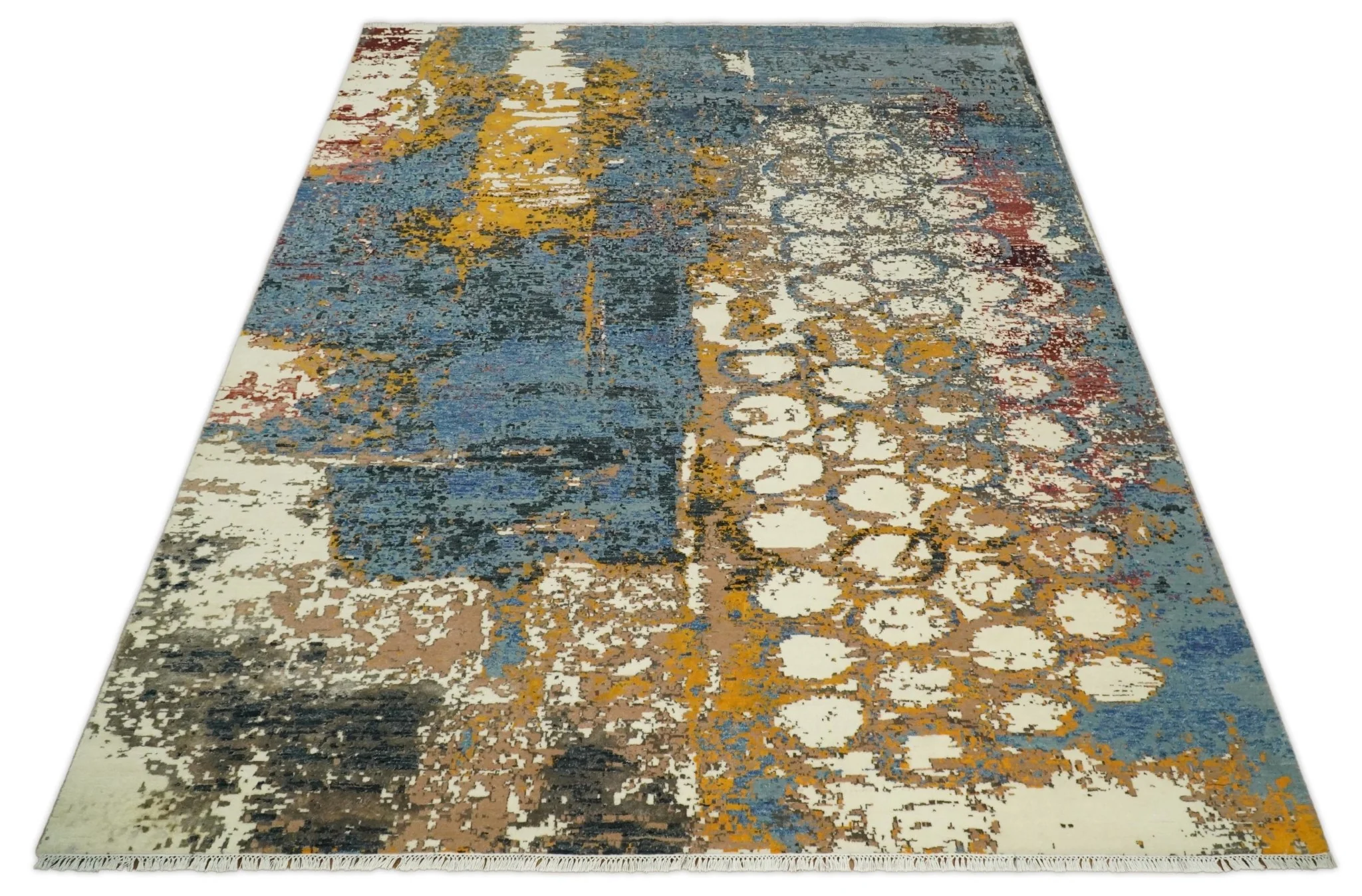 8x10 Fine Hand Knotted Ivory and Blue Modern Abstract Style Antique Wool and Silk Area Rug | TRDCP631810 - Image 11