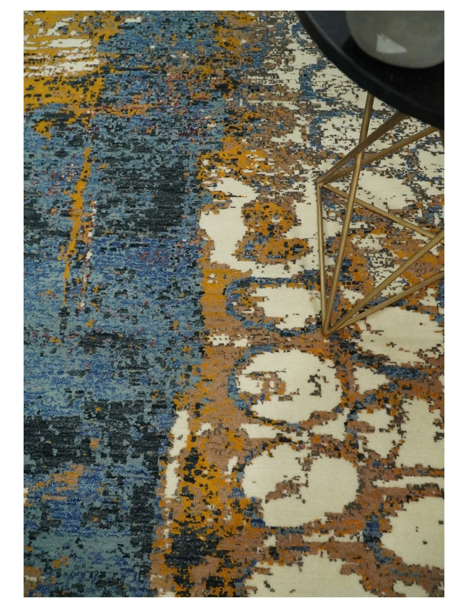 8x10 Fine Hand Knotted Ivory and Blue Modern Abstract Style Antique Wool and Silk Area Rug | TRDCP631810 - Image 2