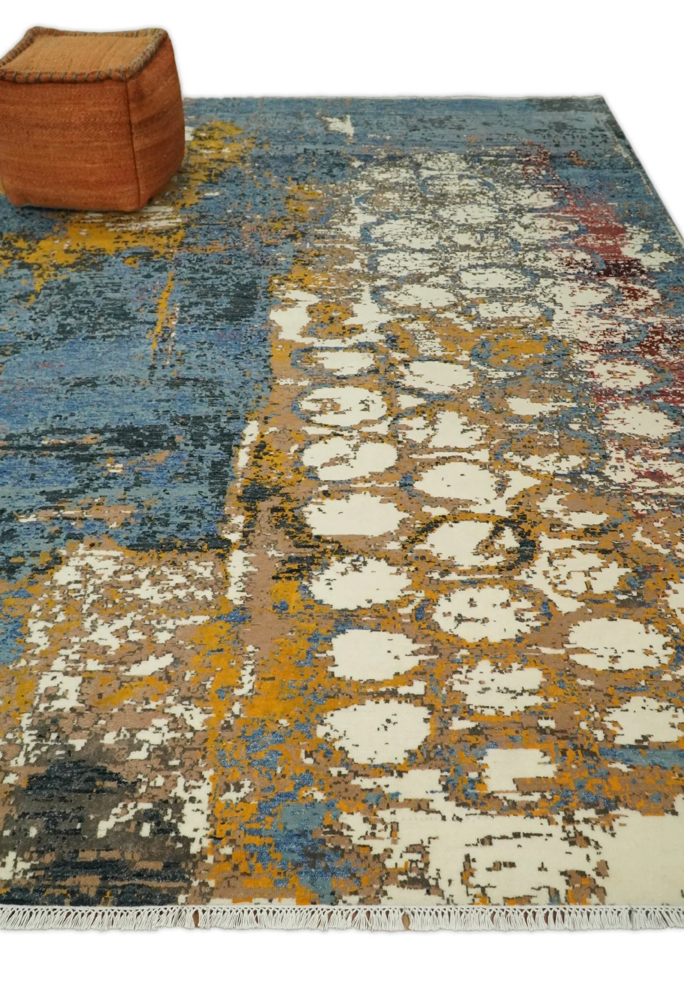 8x10 Fine Hand Knotted Ivory and Blue Modern Abstract Style Antique Wool and Silk Area Rug | TRDCP631810 - Image 3