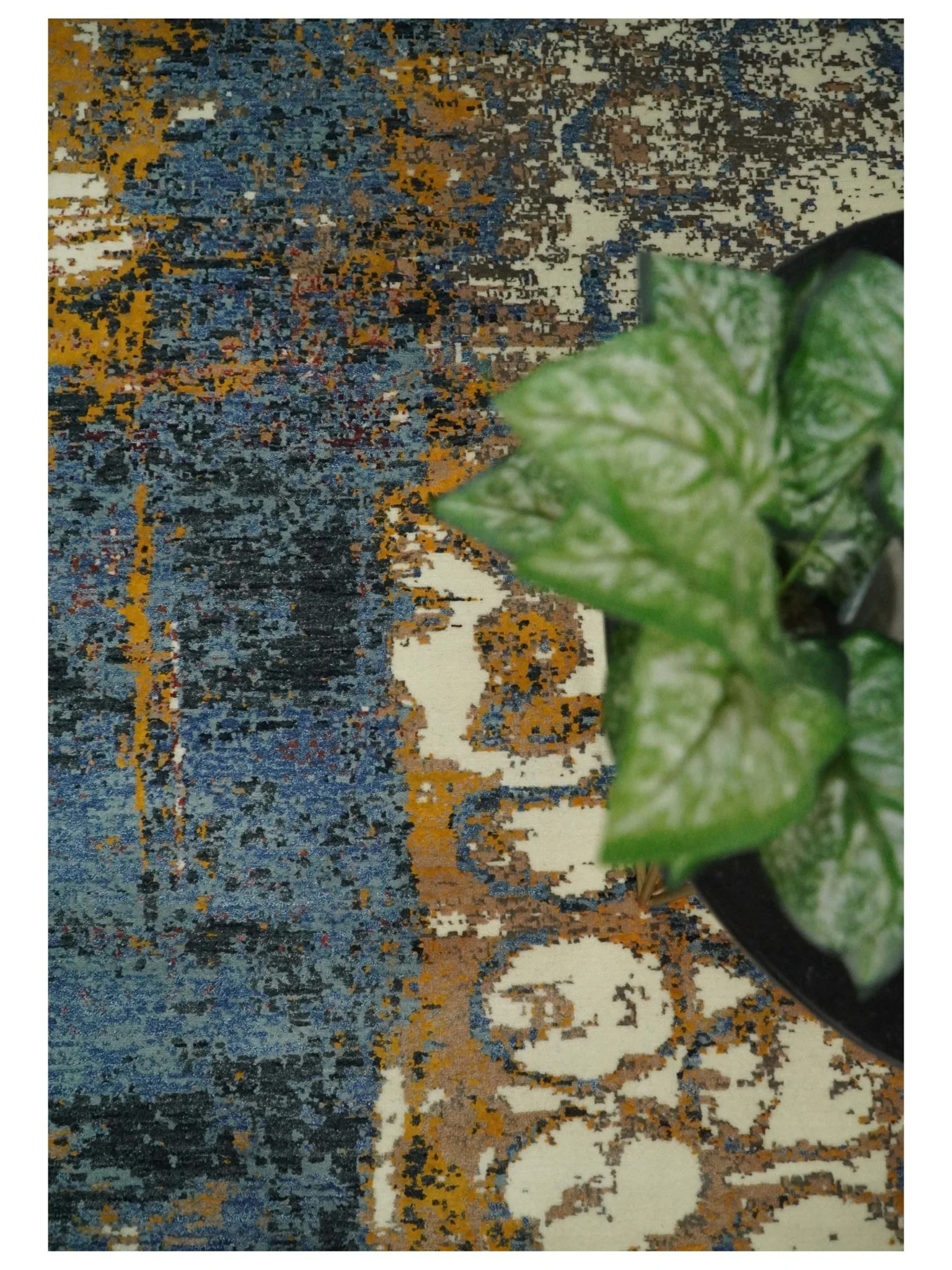 8x10 Fine Hand Knotted Ivory and Blue Modern Abstract Style Antique Wool and Silk Area Rug | TRDCP631810 - Image 5