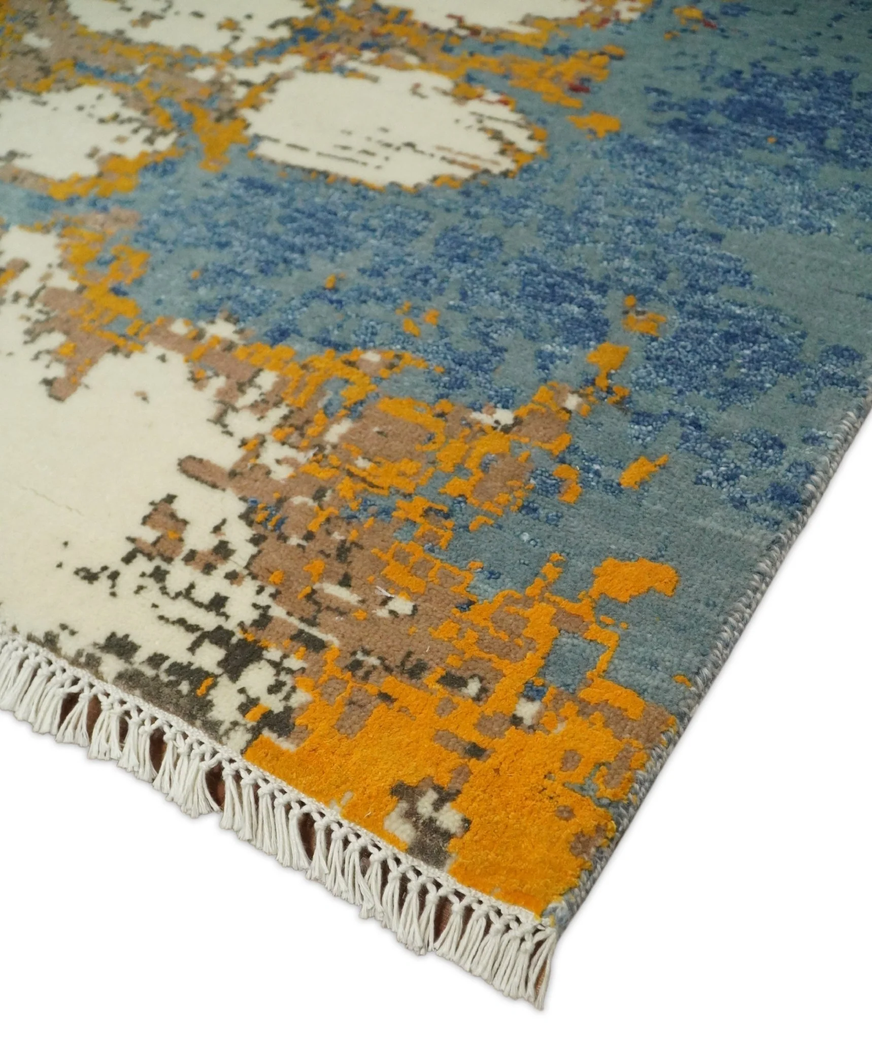 8x10 Fine Hand Knotted Ivory and Blue Modern Abstract Style Antique Wool and Silk Area Rug | TRDCP631810 - Image 6