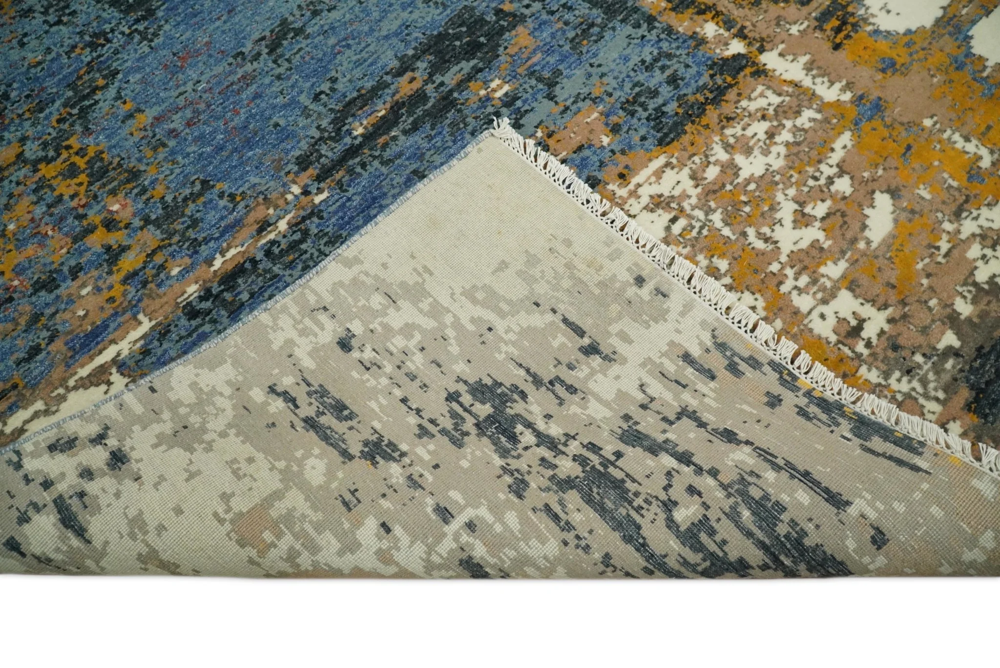 8x10 Fine Hand Knotted Ivory and Blue Modern Abstract Style Antique Wool and Silk Area Rug | TRDCP631810 - Image 7