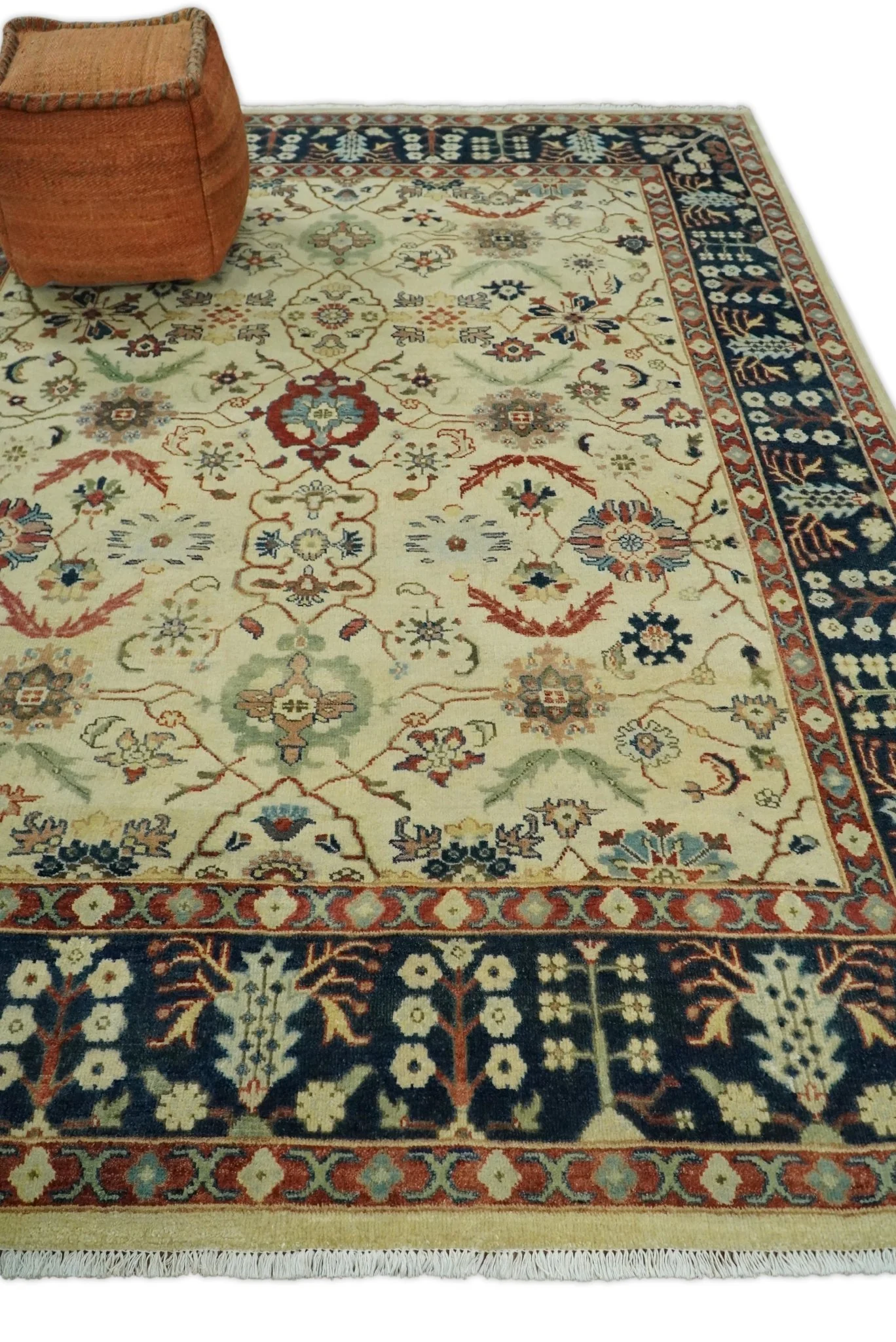 8x10 Fine Hand Knotted Ivory and Blue Traditional Vintage Style Mahal Antique Wool Rug | TRDCP492810 - Image 3