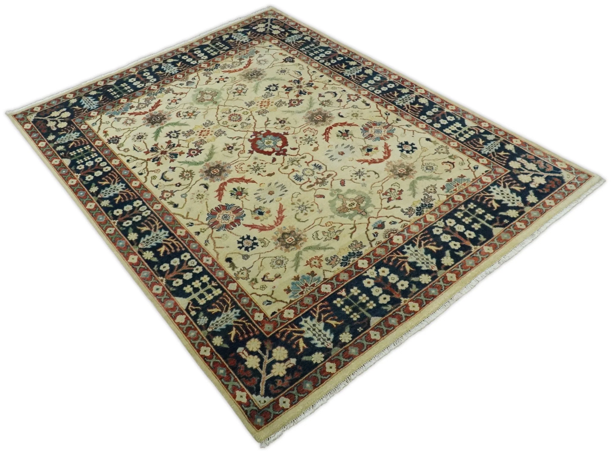 8x10 Fine Hand Knotted Ivory and Blue Traditional Vintage Style Mahal Antique Wool Rug | TRDCP492810 - Image 8