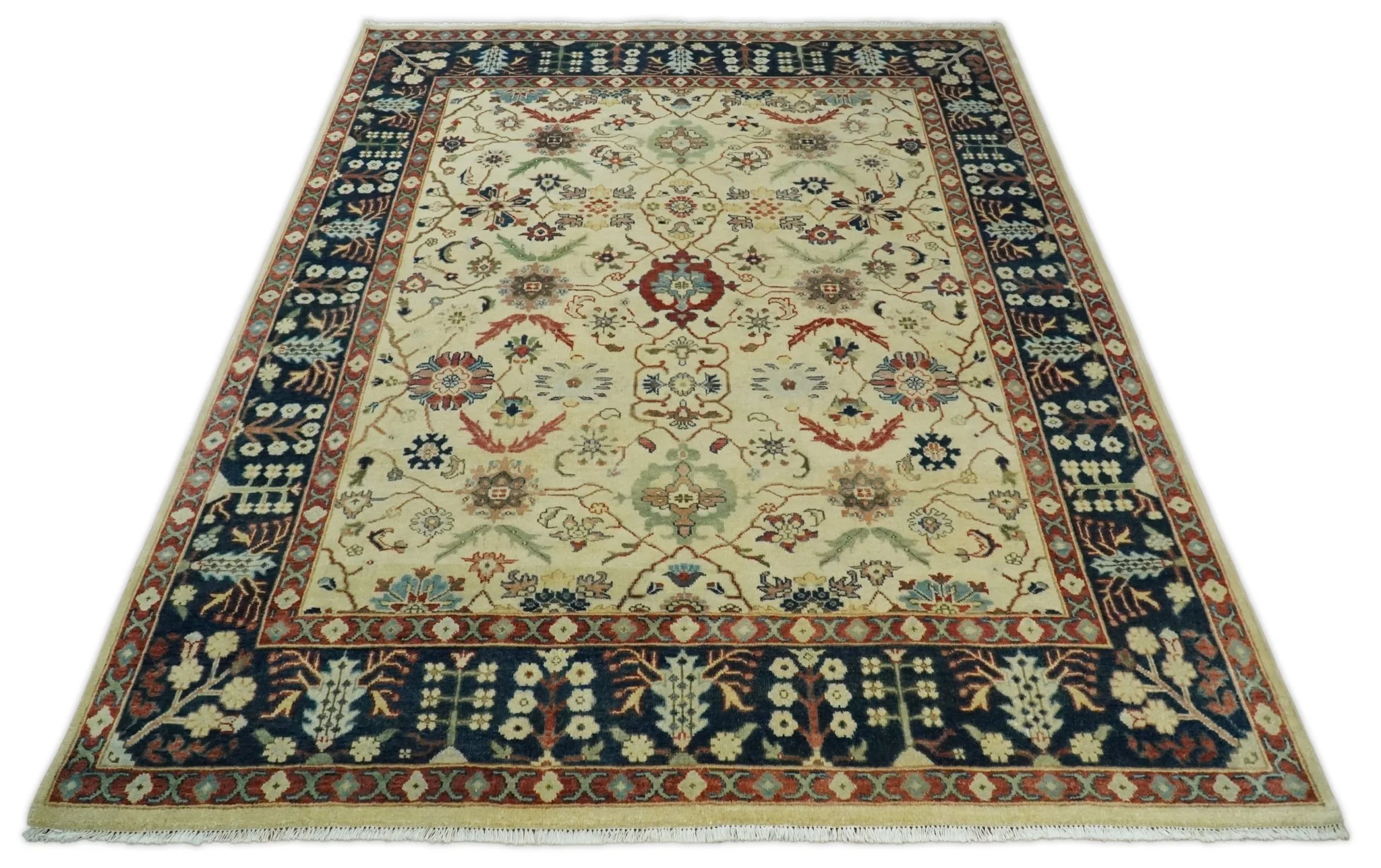 8x10 Fine Hand Knotted Ivory and Blue Traditional Vintage Style Mahal Antique Wool Rug | TRDCP492810 - Image 9