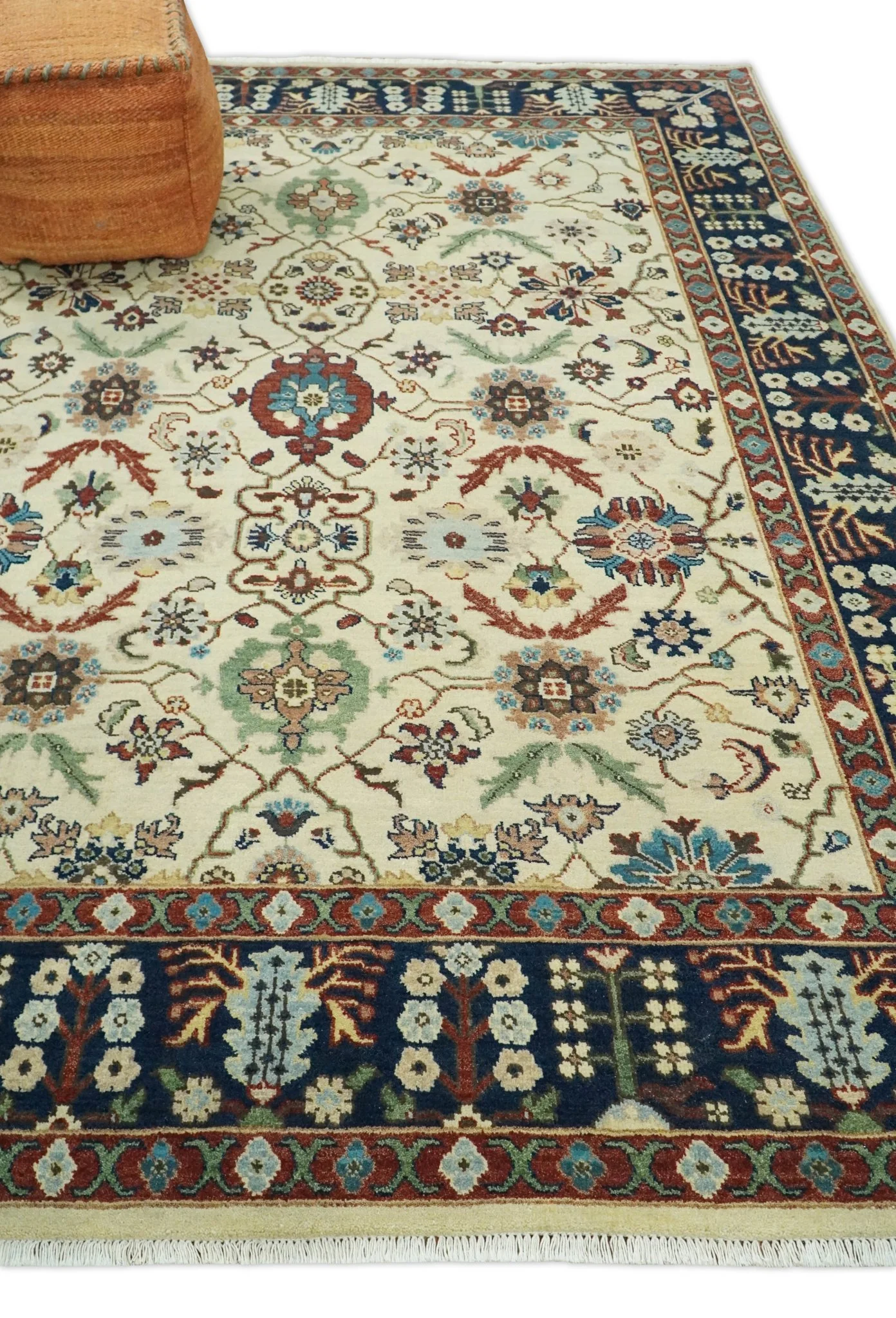 8x10 Fine Hand Knotted Beige and Blue Traditional Oriental Oushak Antique Floral Wool Rug | TRDCP514810 - Image 3