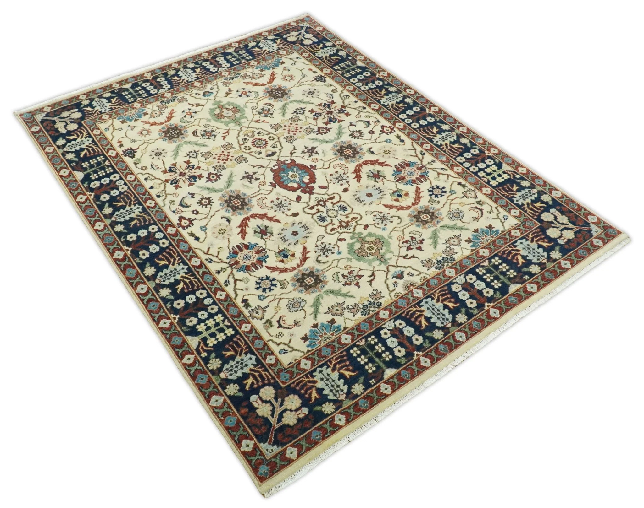 8x10 Fine Hand Knotted Beige and Blue Traditional Oriental Oushak Antique Floral Wool Rug | TRDCP514810 - Image 4