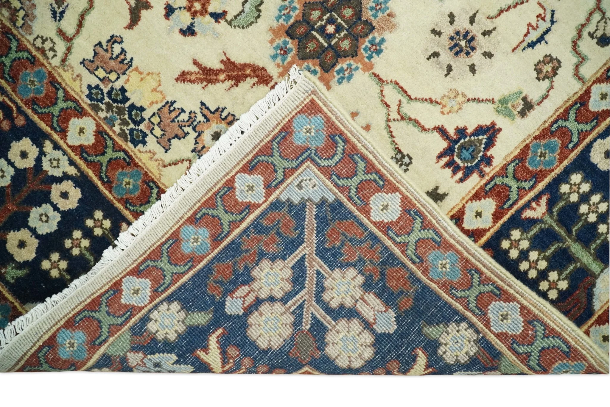 8x10 Fine Hand Knotted Beige and Blue Traditional Oriental Oushak Antique Floral Wool Rug | TRDCP514810 - Image 6