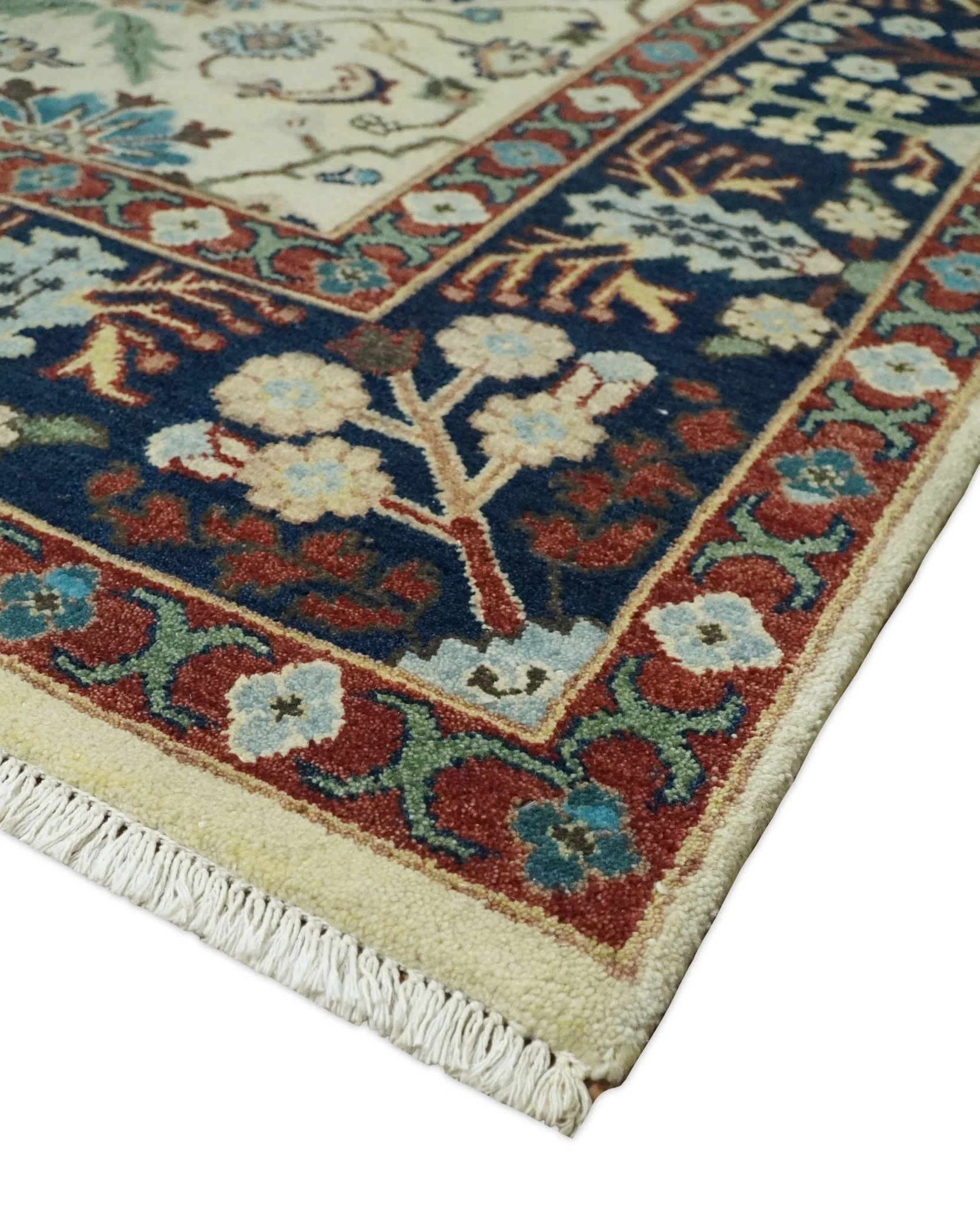 8x10 Fine Hand Knotted Beige and Blue Traditional Oriental Oushak Antique Floral Wool Rug | TRDCP514810 - Image 8