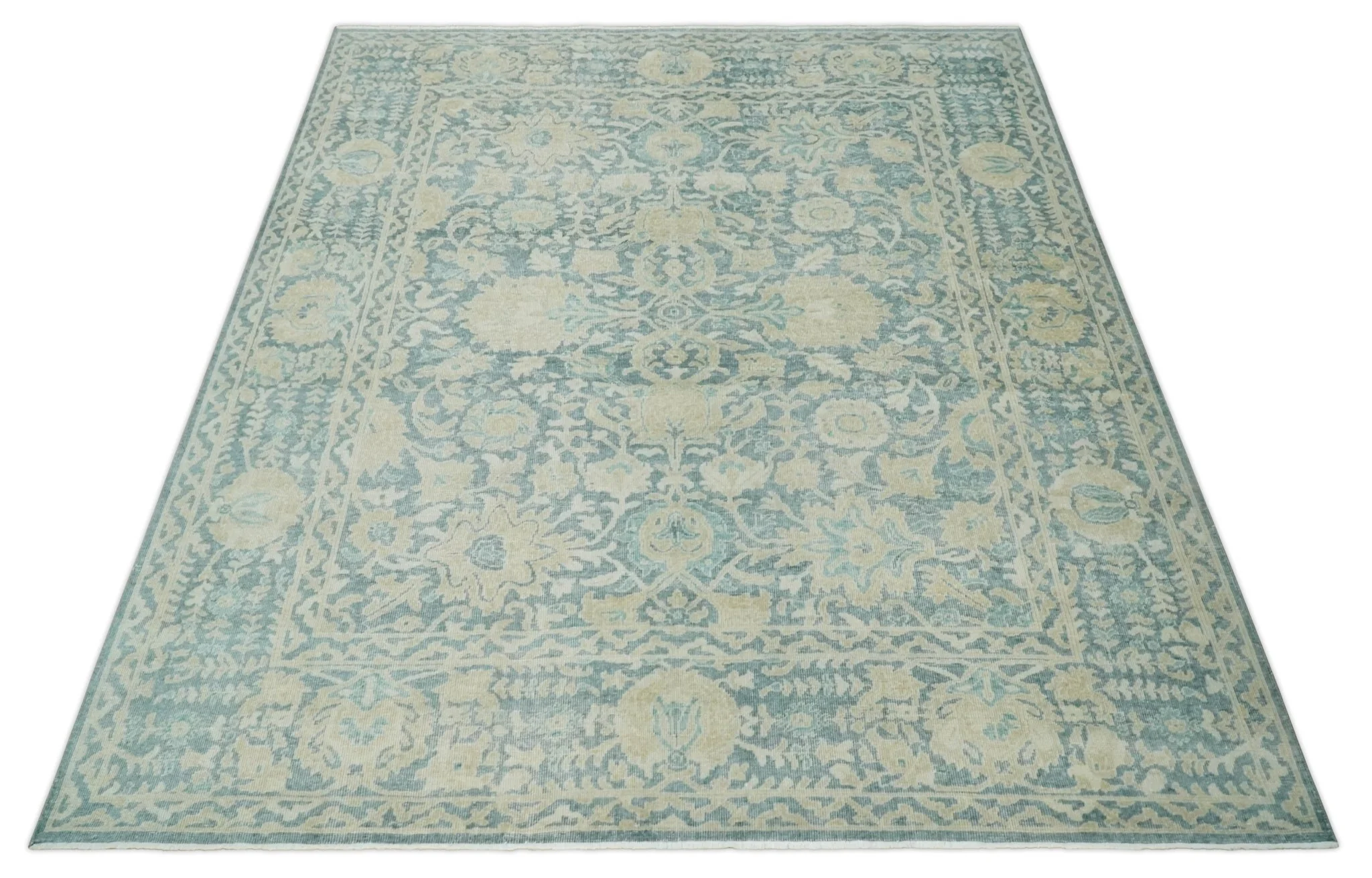 One of a Kind 8x10 Hand Knotted Blue and Beige Antique Traditional Low Pile wool Area Rug - Image 10