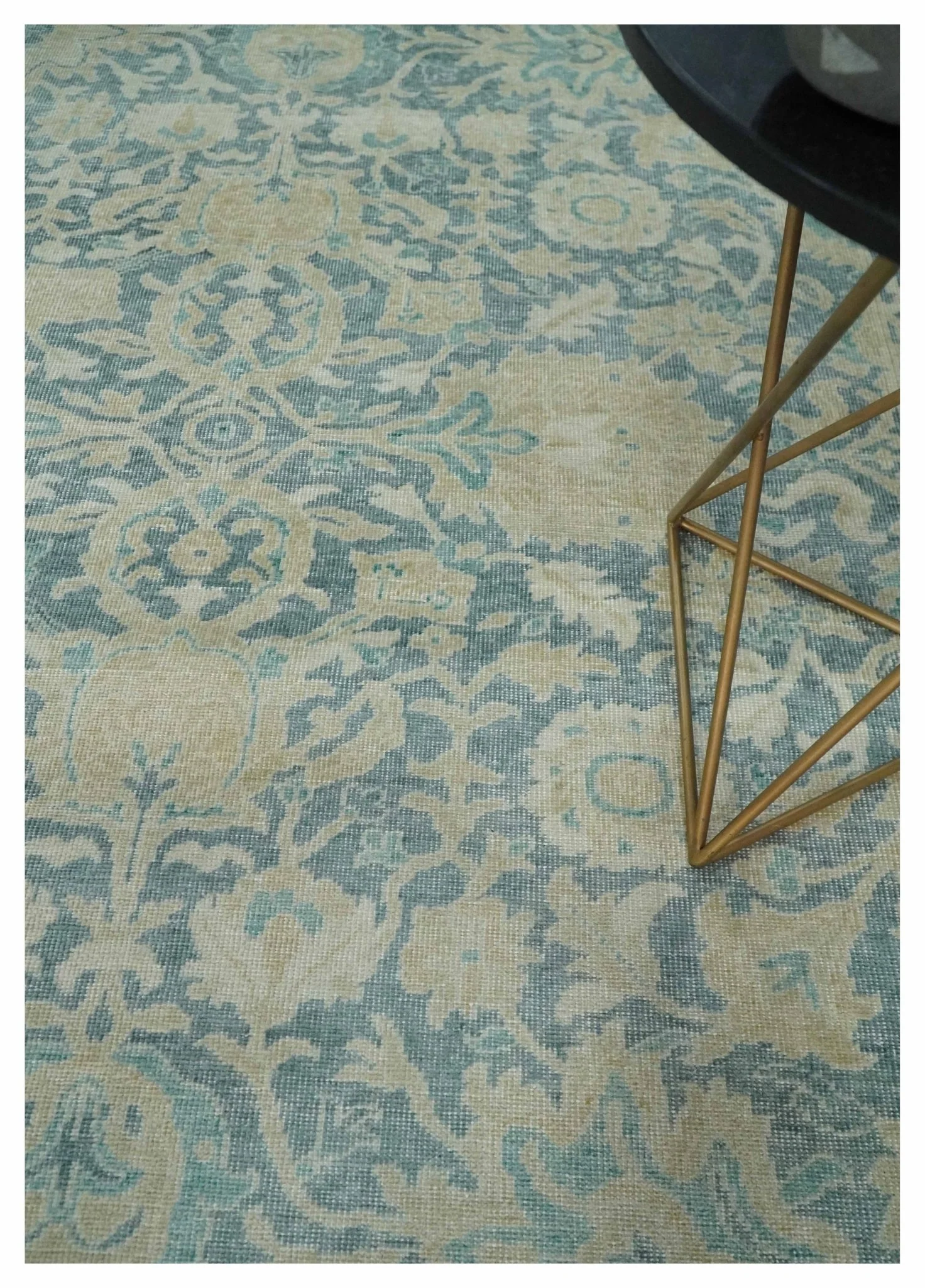 One of a Kind 8x10 Hand Knotted Blue and Beige Antique Traditional Low Pile wool Area Rug - Image 2