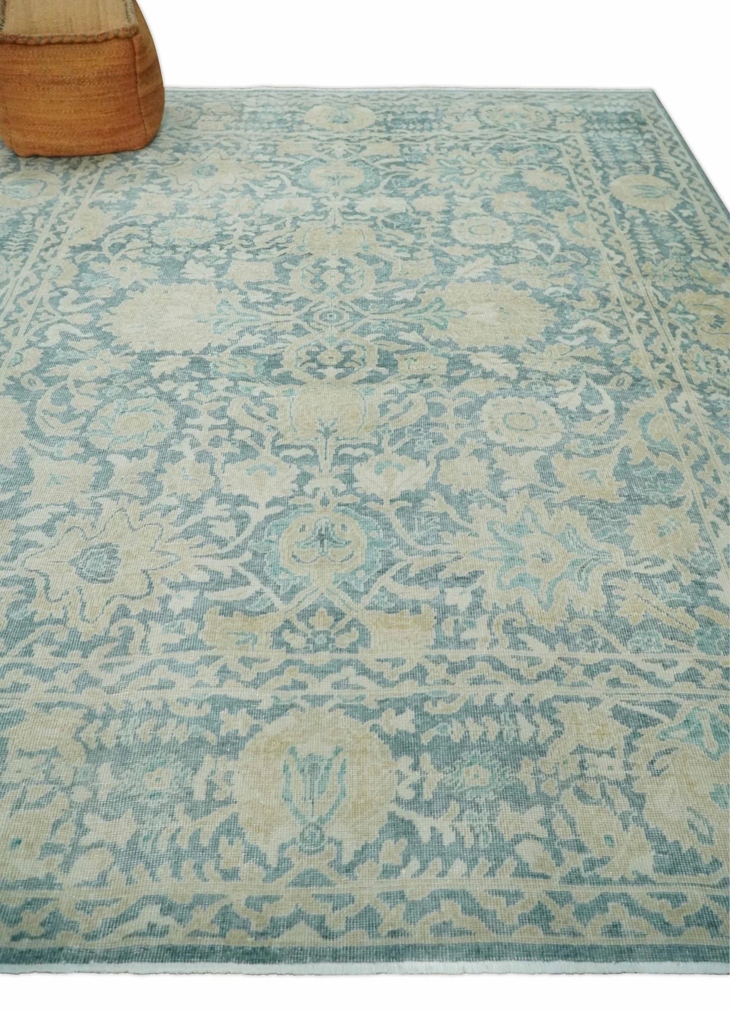 One of a Kind 8x10 Hand Knotted Blue and Beige Antique Traditional Low Pile wool Area Rug - Image 3