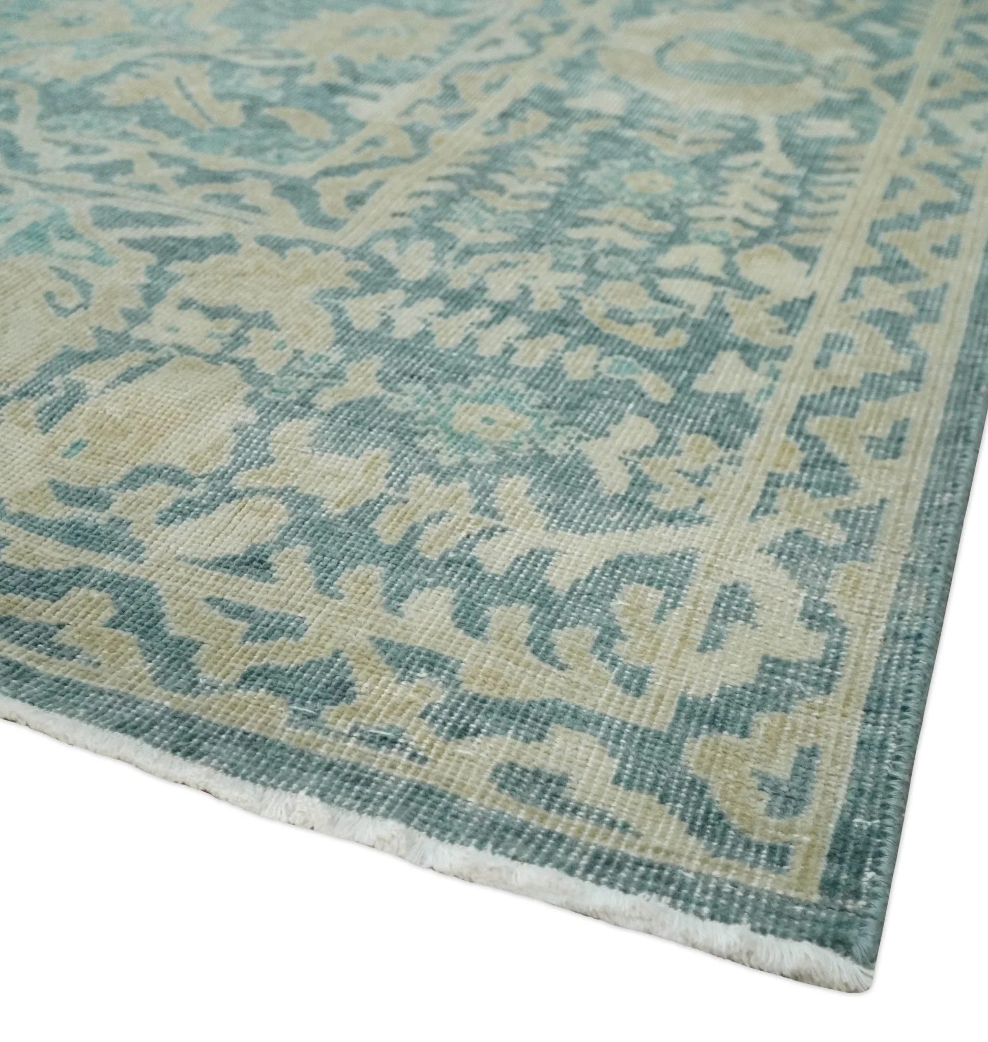 One of a Kind 8x10 Hand Knotted Blue and Beige Antique Traditional Low Pile wool Area Rug - Image 5