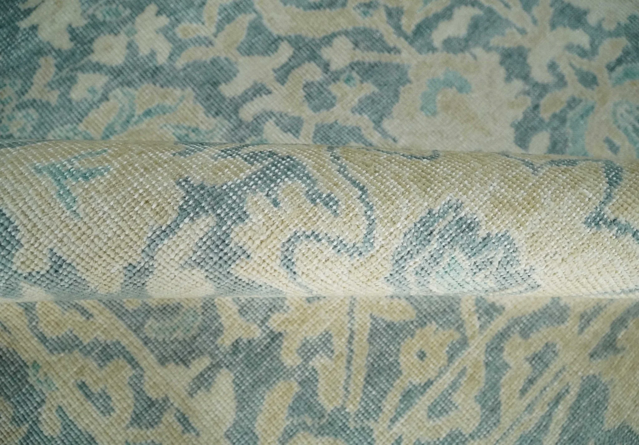 One of a Kind 8x10 Hand Knotted Blue and Beige Antique Traditional Low Pile wool Area Rug - Image 6