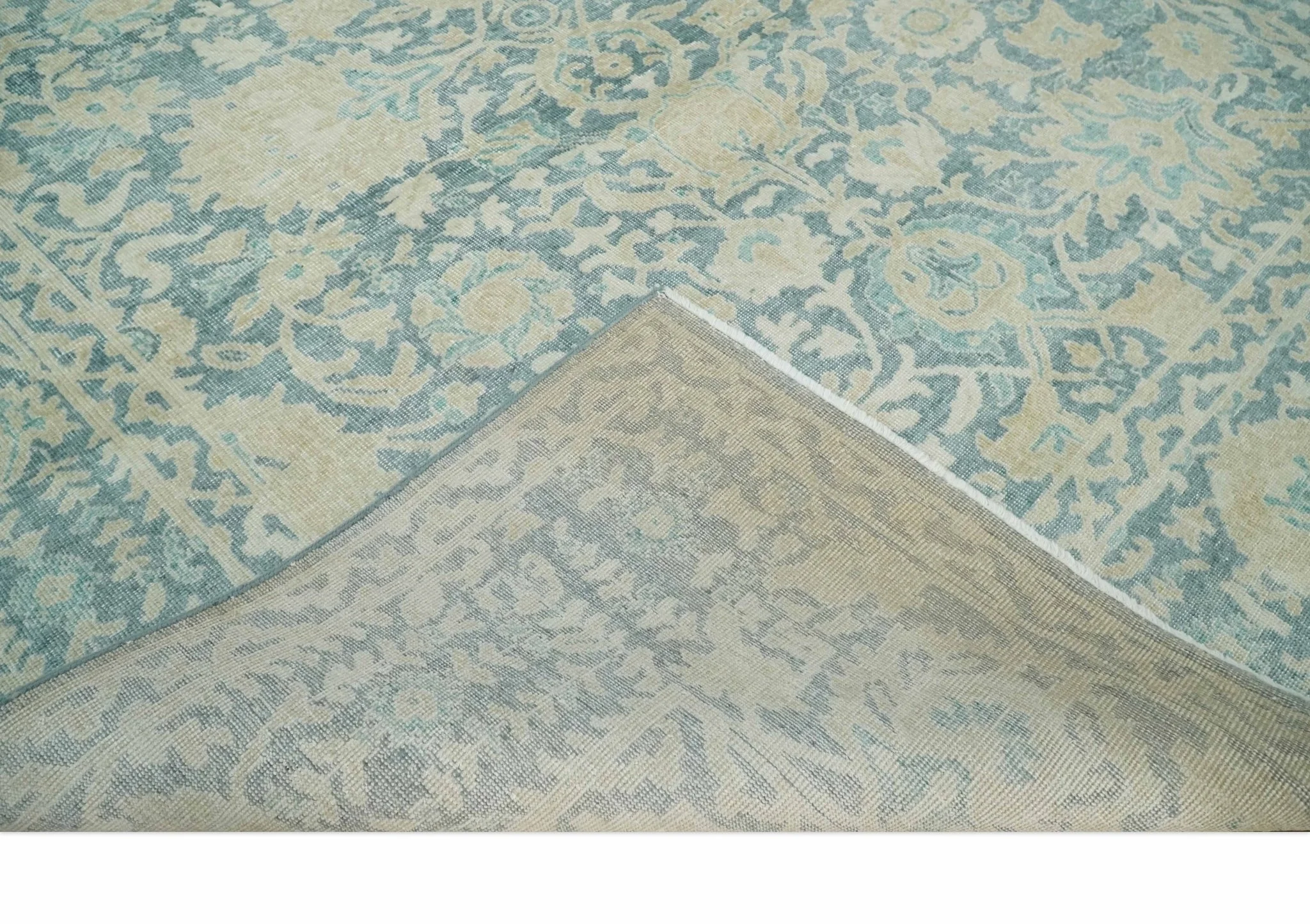 One of a Kind 8x10 Hand Knotted Blue and Beige Antique Traditional Low Pile wool Area Rug - Image 7