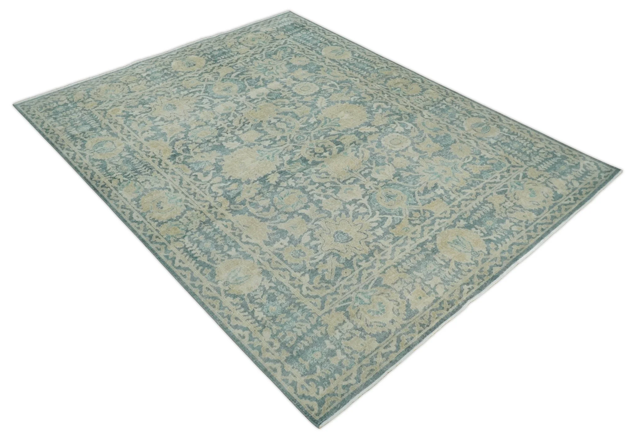 One of a Kind 8x10 Hand Knotted Blue and Beige Antique Traditional Low Pile wool Area Rug - Image 9