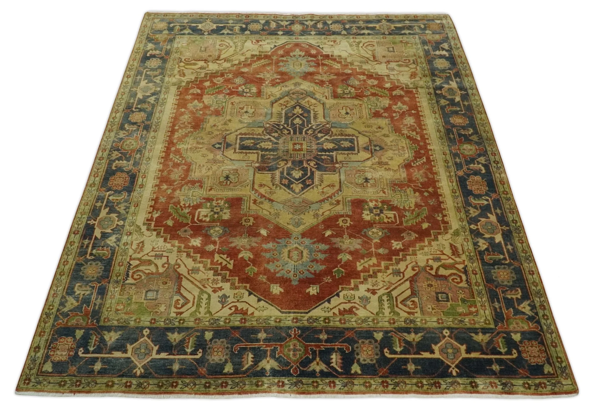 8x10 Gold, Rust and Charcoal Heriz Serapi Traditional Vintage Turkish Style Antique Look Hand Knotted Wool Area Rug | N361810 - Image 10