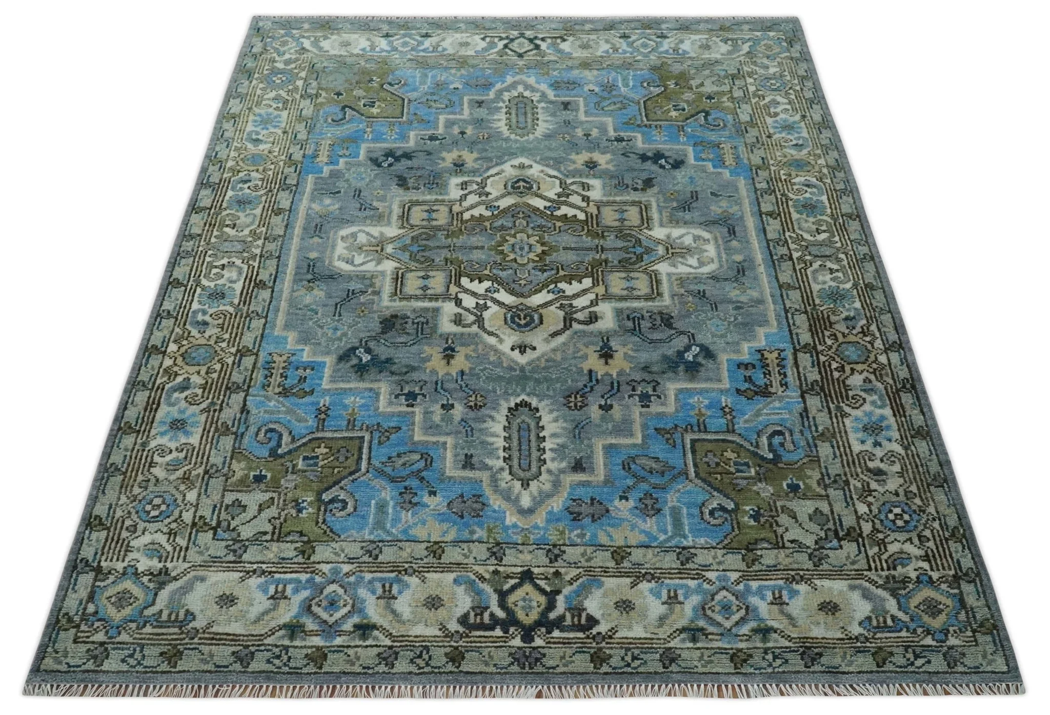 8x10 Gray, Ivory, Moss Green and Blue Hand Knotted Traditional Heriz Wool Area Rug - Image 10