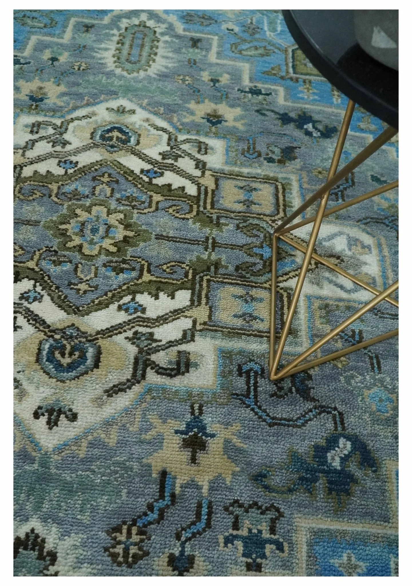 8x10 Gray, Ivory, Moss Green and Blue Hand Knotted Traditional Heriz Wool Area Rug - Image 2