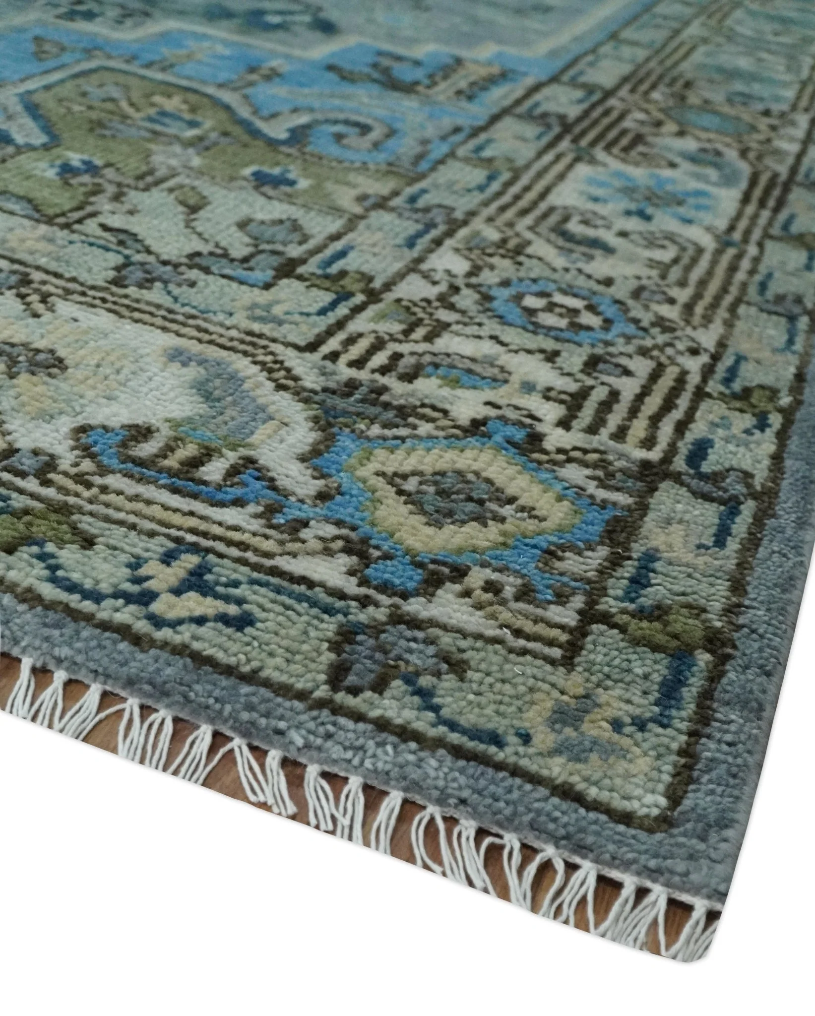 8x10 Gray, Ivory, Moss Green and Blue Hand Knotted Traditional Heriz Wool Area Rug - Image 5