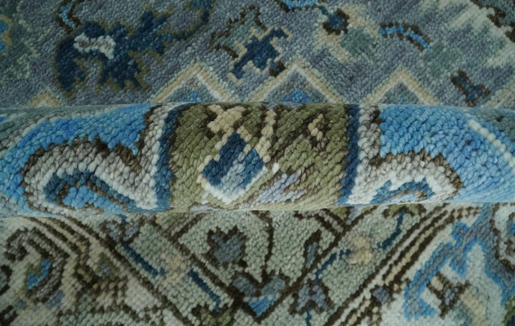 8x10 Gray, Ivory, Moss Green and Blue Hand Knotted Traditional Heriz Wool Area Rug - Image 6