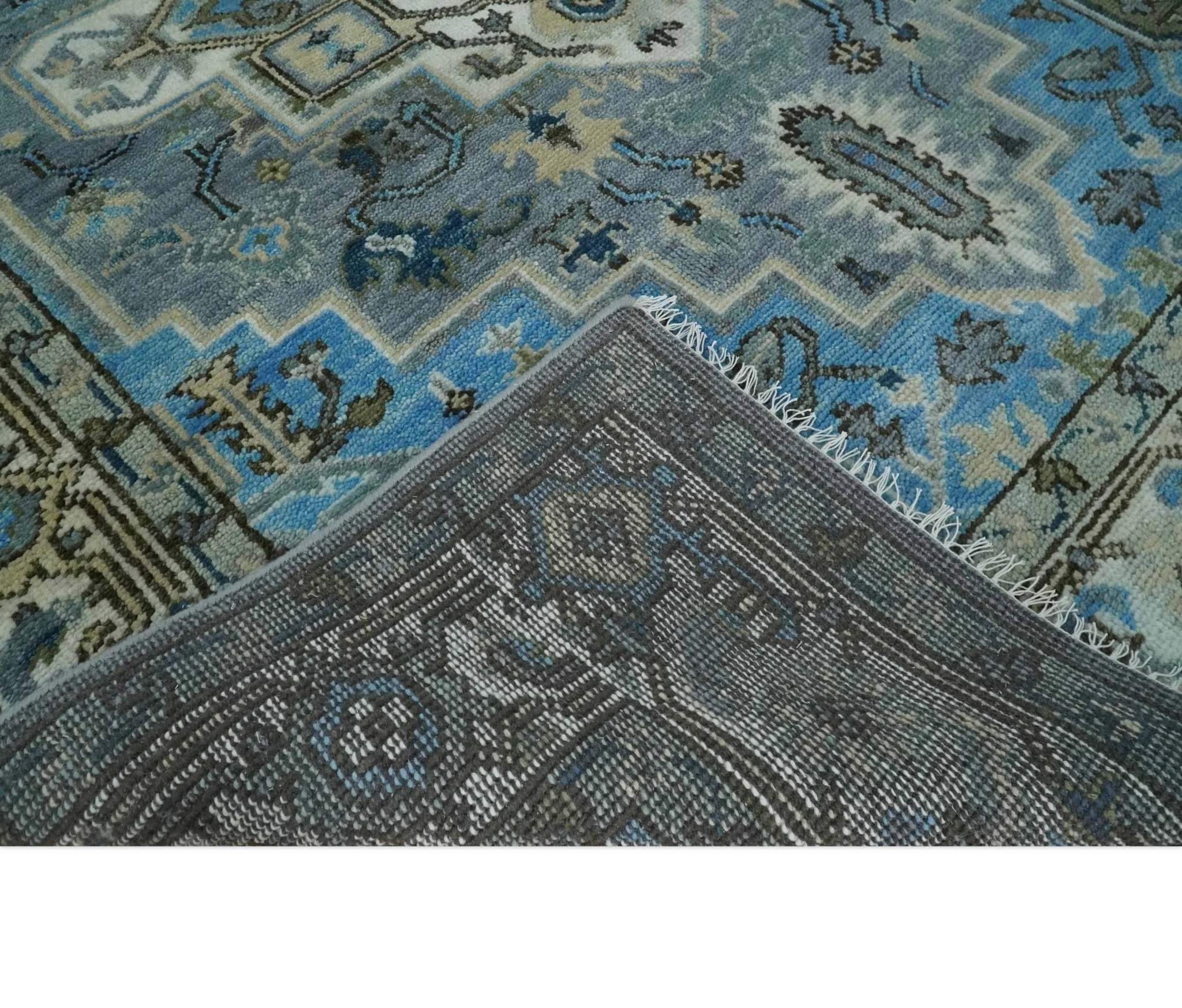 8x10 Gray, Ivory, Moss Green and Blue Hand Knotted Traditional Heriz Wool Area Rug - Image 7
