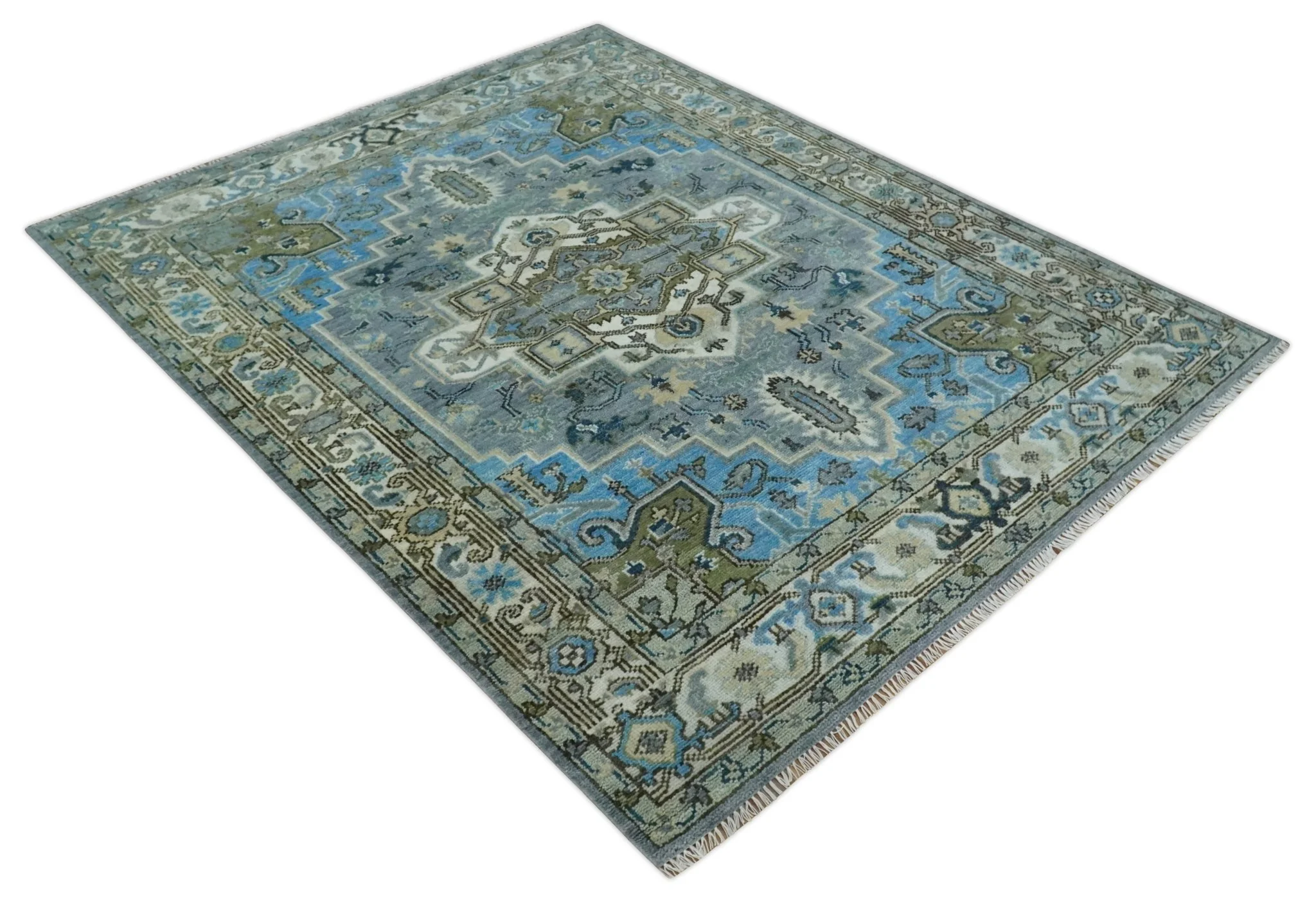 8x10 Gray, Ivory, Moss Green and Blue Hand Knotted Traditional Heriz Wool Area Rug - Image 9
