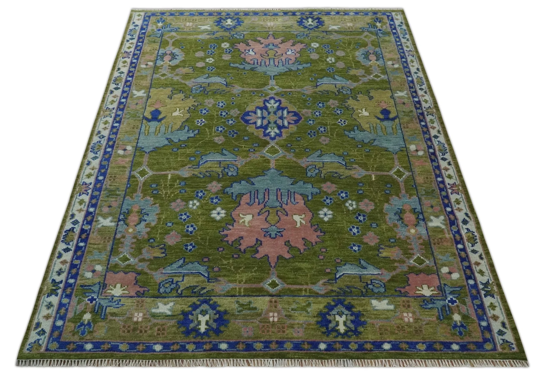 8x10 Green, Blue and Peach Hand Knotted Vibrant Donegal Floral Wool Rug - Image 10