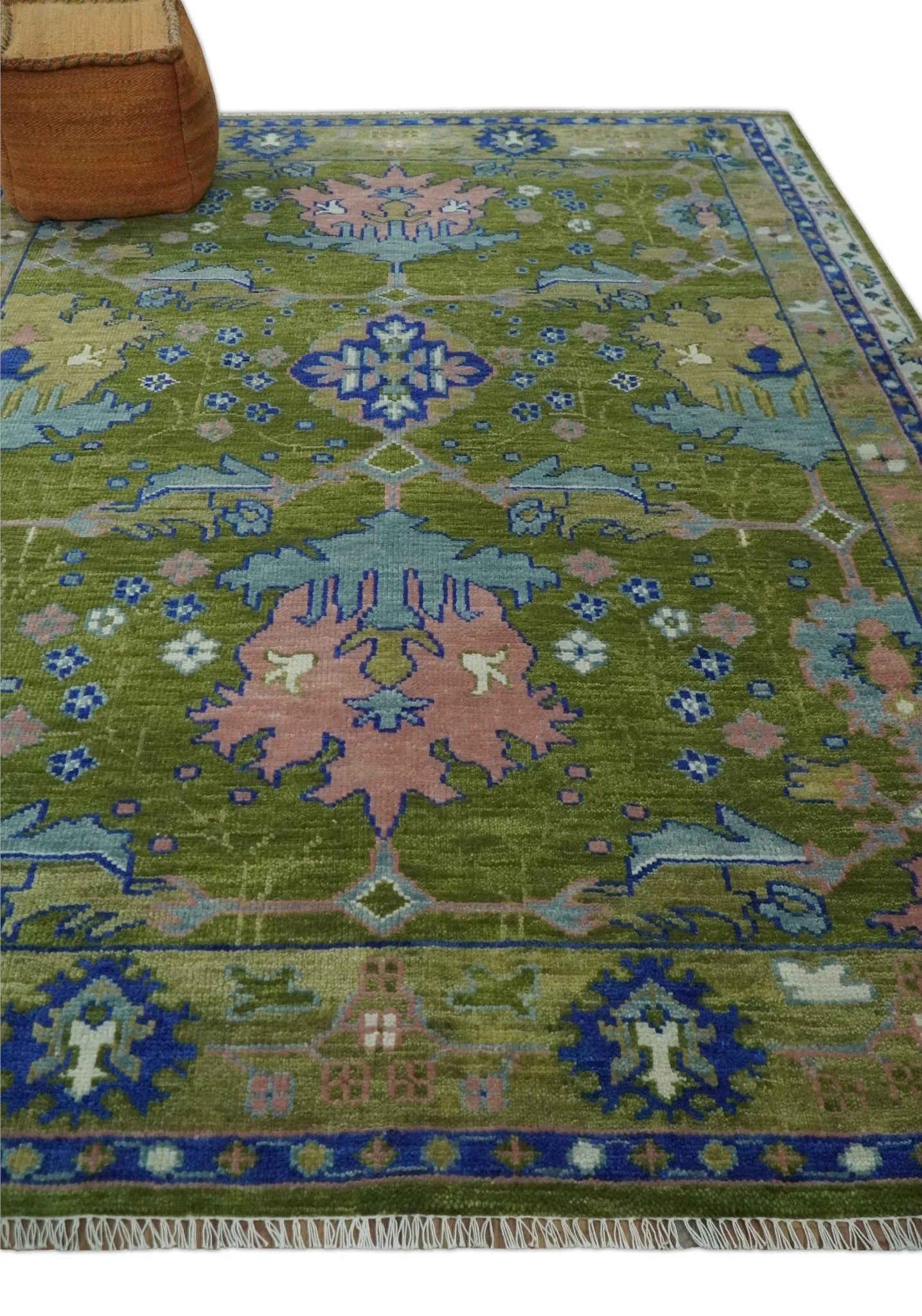 8x10 Green, Blue and Peach Hand Knotted Vibrant Donegal Floral Wool Rug - Image 3