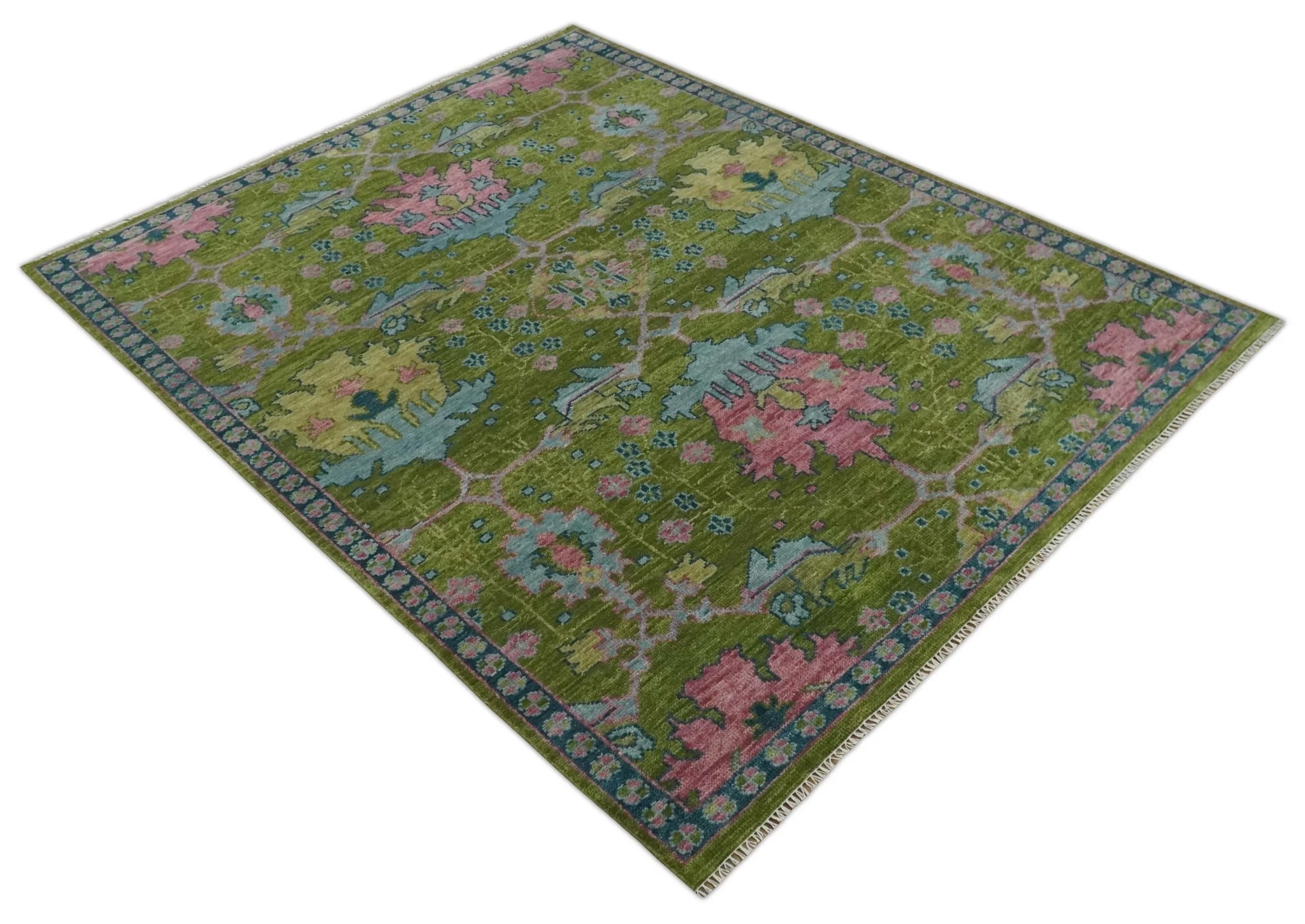 8x10 Green, Blue and Peach Hand Knotted Vibrant Donegal Floral Wool Rug - Image 10