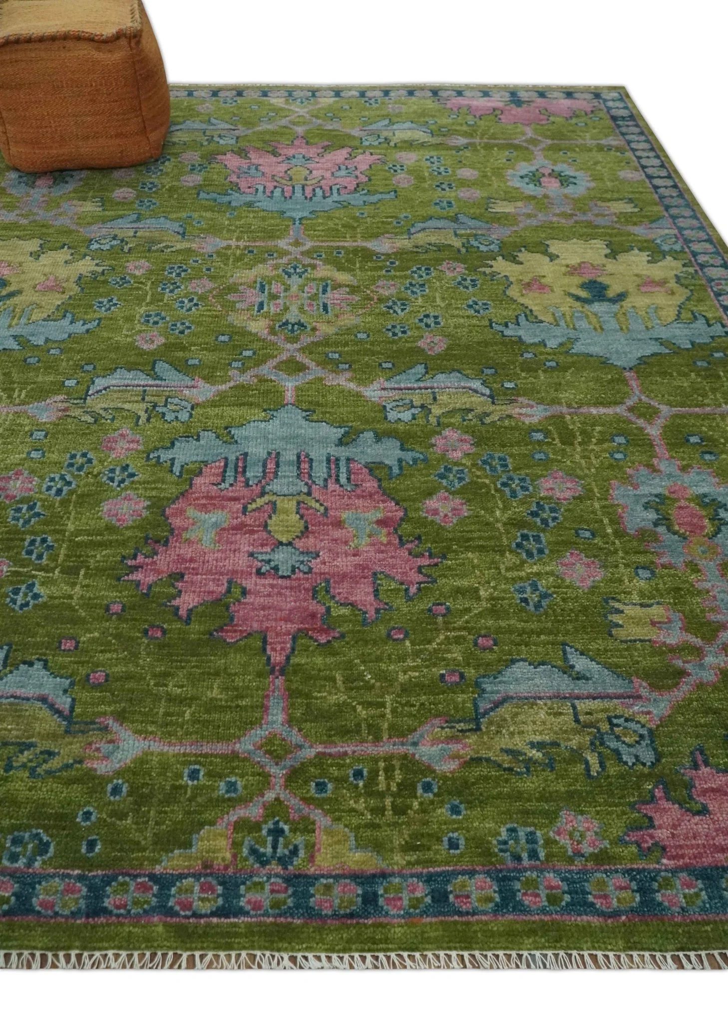 8x10 Green, Blue and Peach Hand Knotted Vibrant Donegal Floral Wool Rug - Image 3